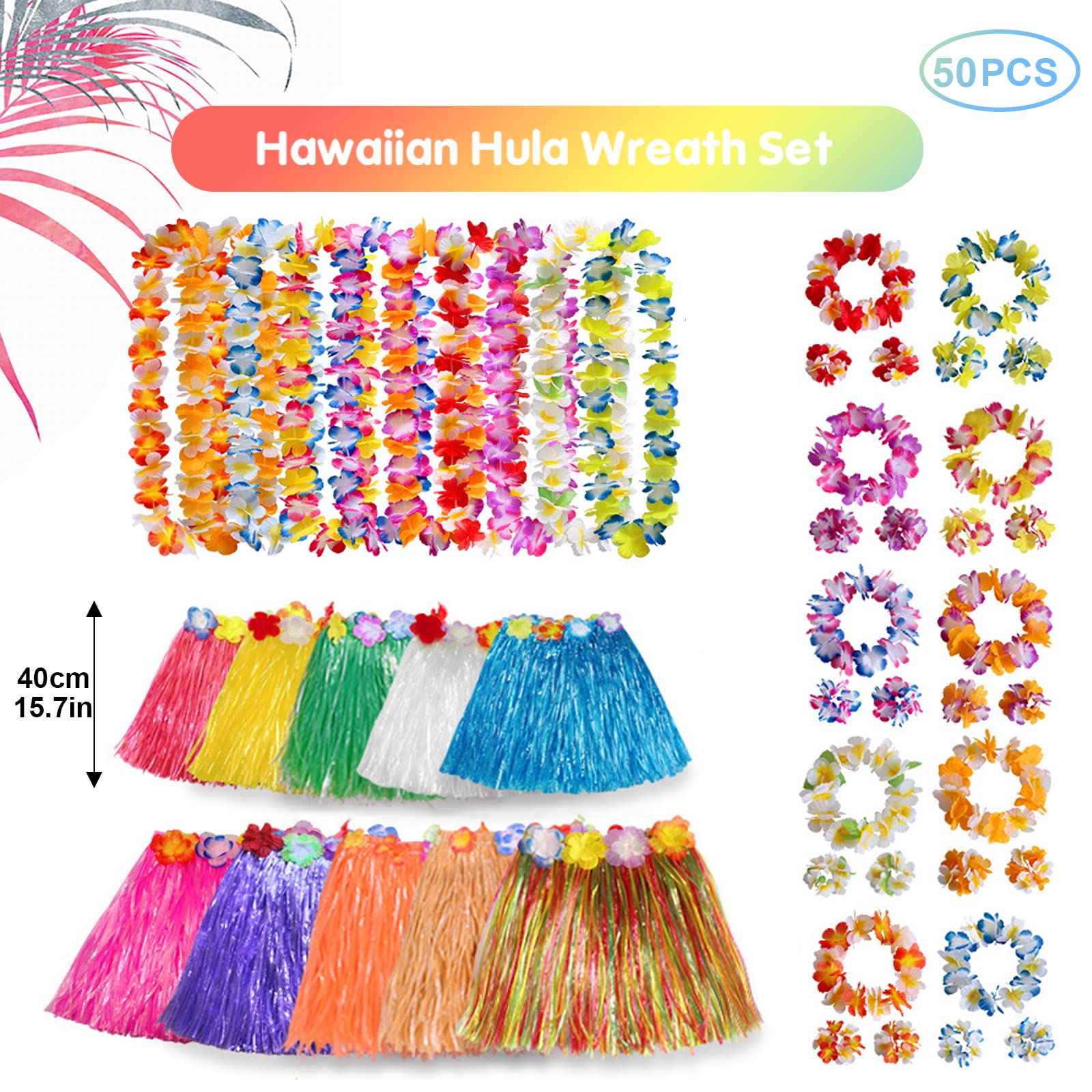 40STK Hawaii Rock Hula Party Bastrock Set mit 8 Elastisches Blumen Rock Hawaii Kostüm,8 Blumenkette,8 Stirnbändern und 16 Armbändern,Hawaii Party Kostüm Set für Sommer-Strandparty-Dekorationen