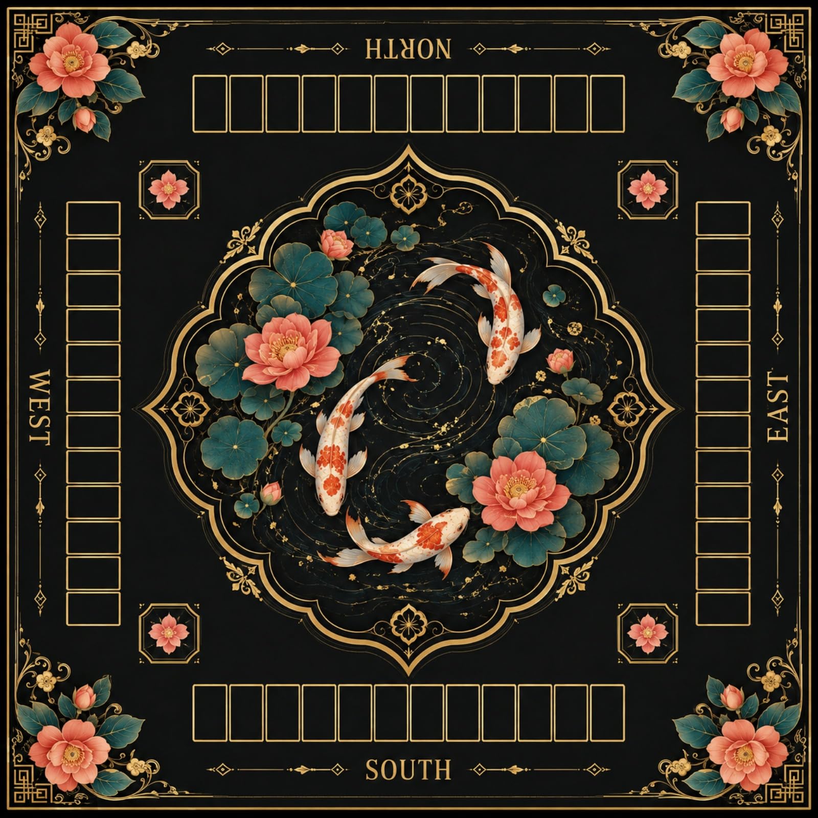 Hixingo Oriental Floral Mahjong Mat for Table (Black,35.4x35.4")