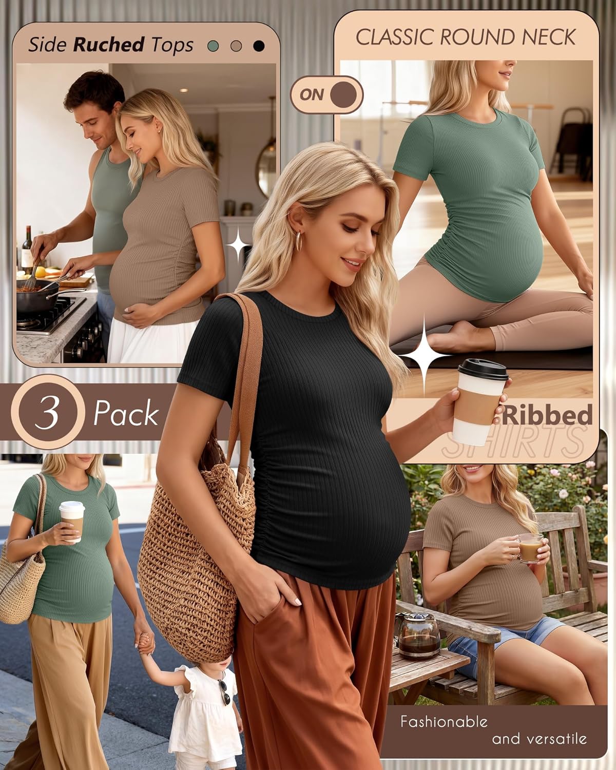 Ficerd 3 Pack Women's Maternity Shirts Cotton Short Sleeve Pregnancy Tops Side Ruched Ribbed Casual Mama tees Clothes - Image 3