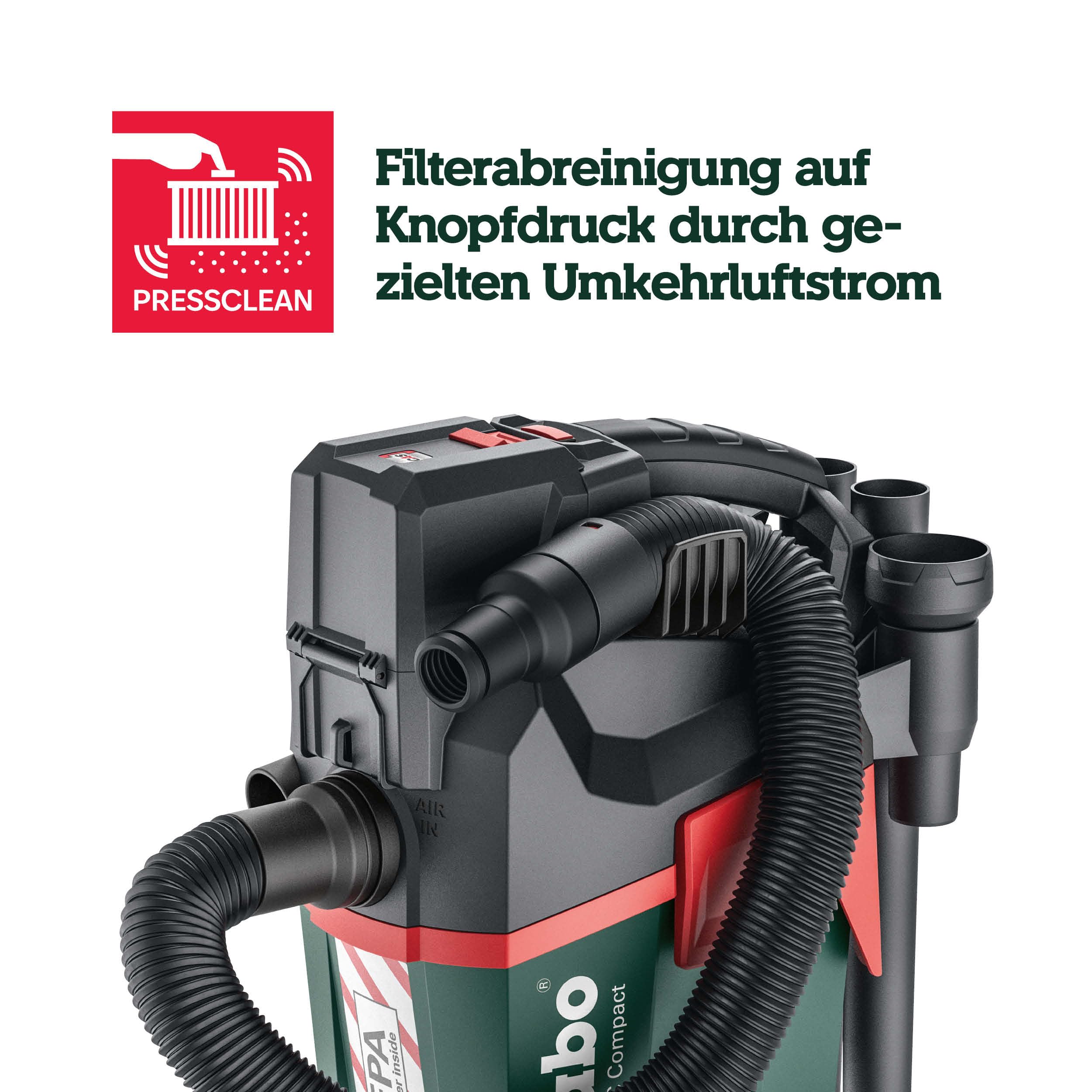 metabo Akku-Sauger AS 18 HEPA PC Compact, 18V Nass- und Trockensauger | Mobiler Mehrzwecksauger mit HEPA-Filter, Blasfunktion und Stretch-Schlauch. Lieferung ohne Akku und Ladegerät.