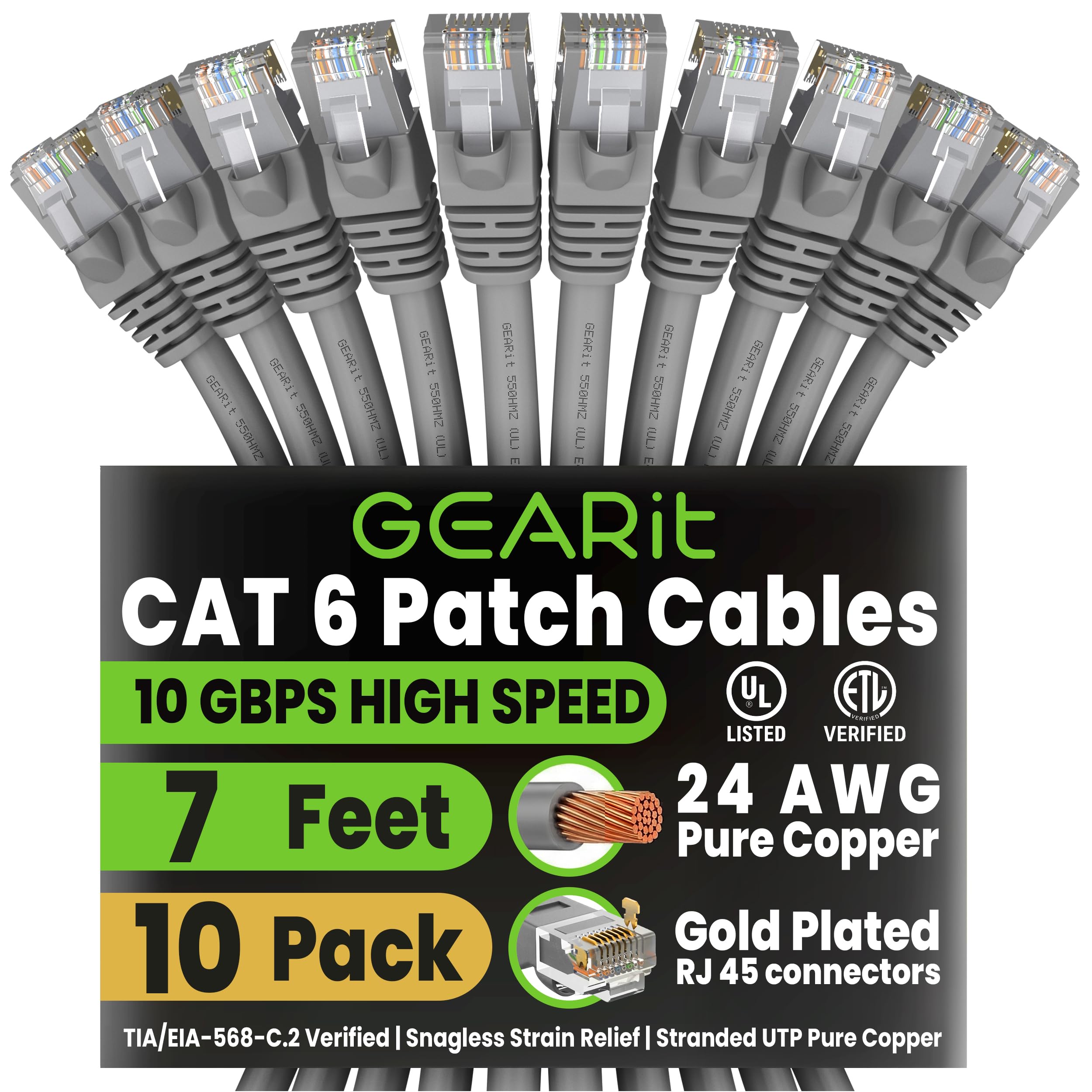 GEARit Cat6 Patch Cables Cat 6 Ethernet Cable 7 ft 10-Pack Gray | Ethernet Patch Cable, 10Gbps 550MHz 24AWG Pure Copper, Snagless, Gold Plated RJ45 for Router, Server, Router, PC Gray 7 Feet