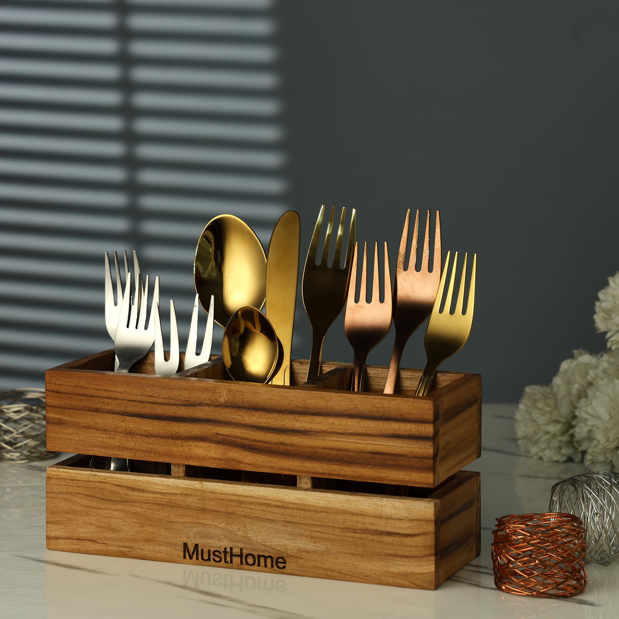 MustHome Premium Spoon stand for kitchen Wooden Cutlery Holder and | Spoon Holder - Kitchen Organizer | Wooden Spoon Holder for Kitchen – Knife, Fork, Tissue Paper 9.1X3X3.9Inc