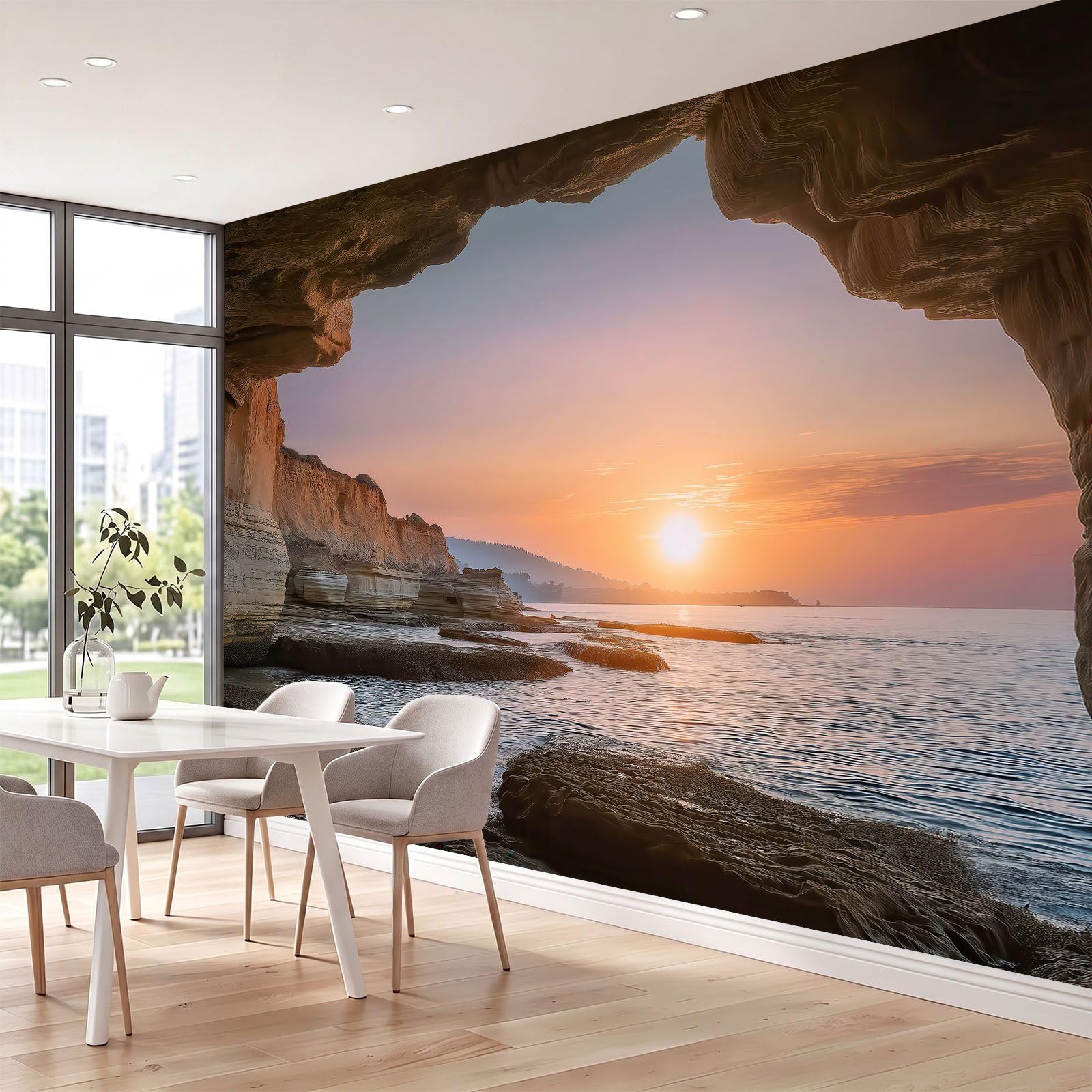 3D Fototapete 200 x 140 cm (B X H) Vlies Tapete Schlafzimmer Wohnzimmer Küstenstil Landschaft Vliestapete Wandtapete Fototapeten Bildtapete Wanddeko Kinderzimmer, Mereshöhle Klippe Sonnenuntergang