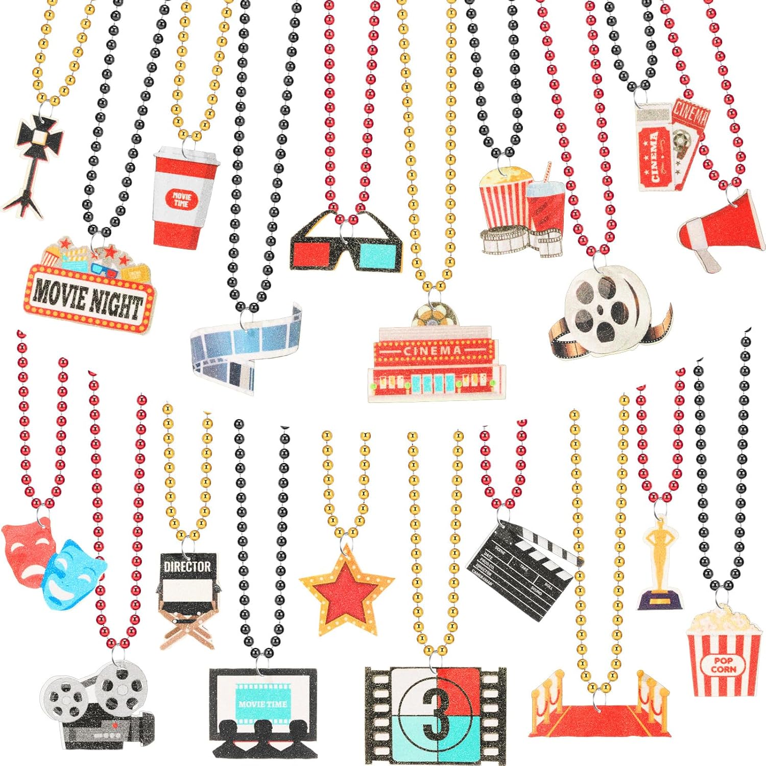 Ecally 100 Pcs Movie Night Beaded Necklaces Bulk - 20 Styles Movie Night Party Favors Theater Party Sign Necklaces for Birthday Theme Supplies