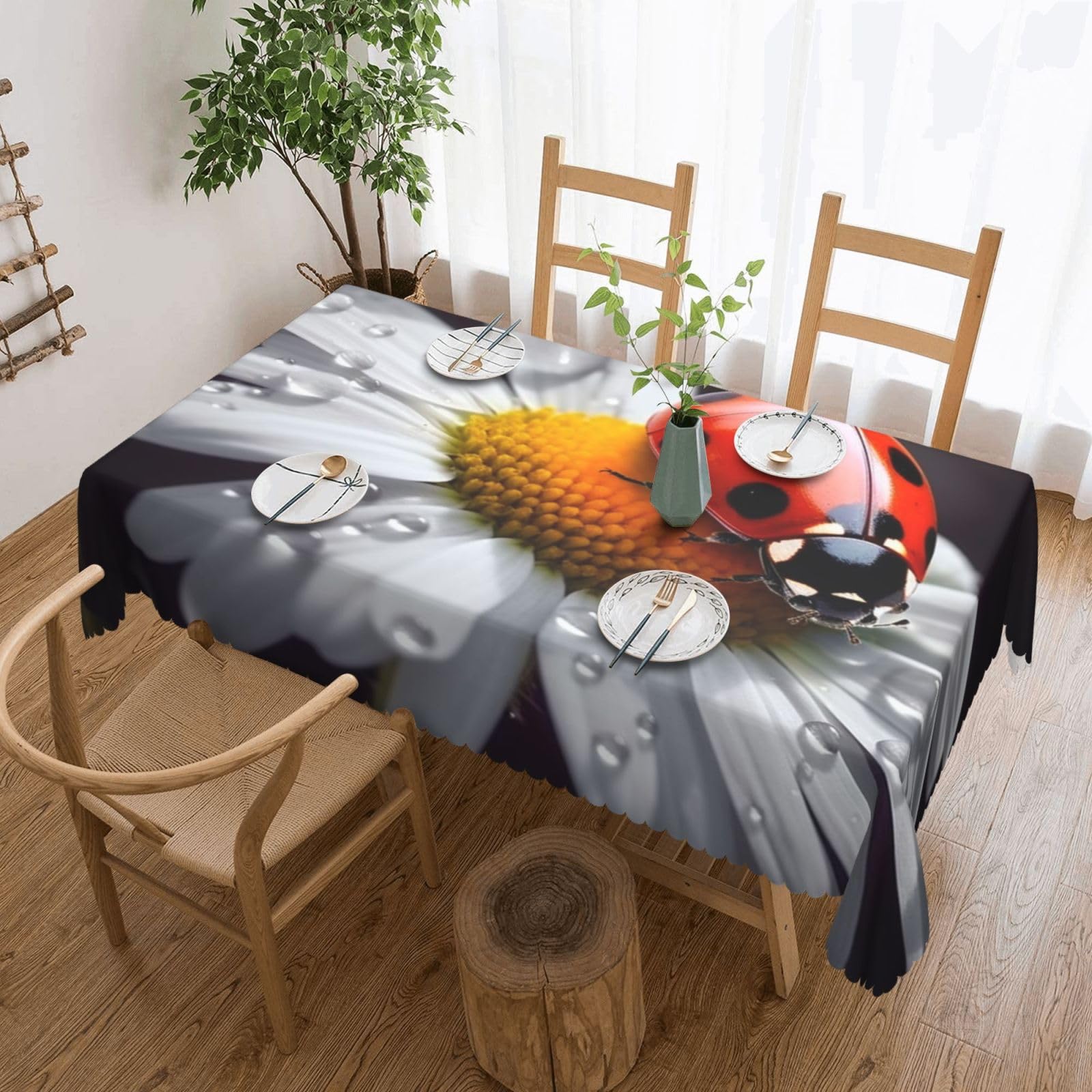 Fodpand Black Ladybug On Daisy Flower Tablecloths For Rectangle Tables 72 X 54 Inches - Reusable And Washable Table Clothes Decorative Table Cover For Dining Tables, Buffet Parties, Wrinkle Resistant