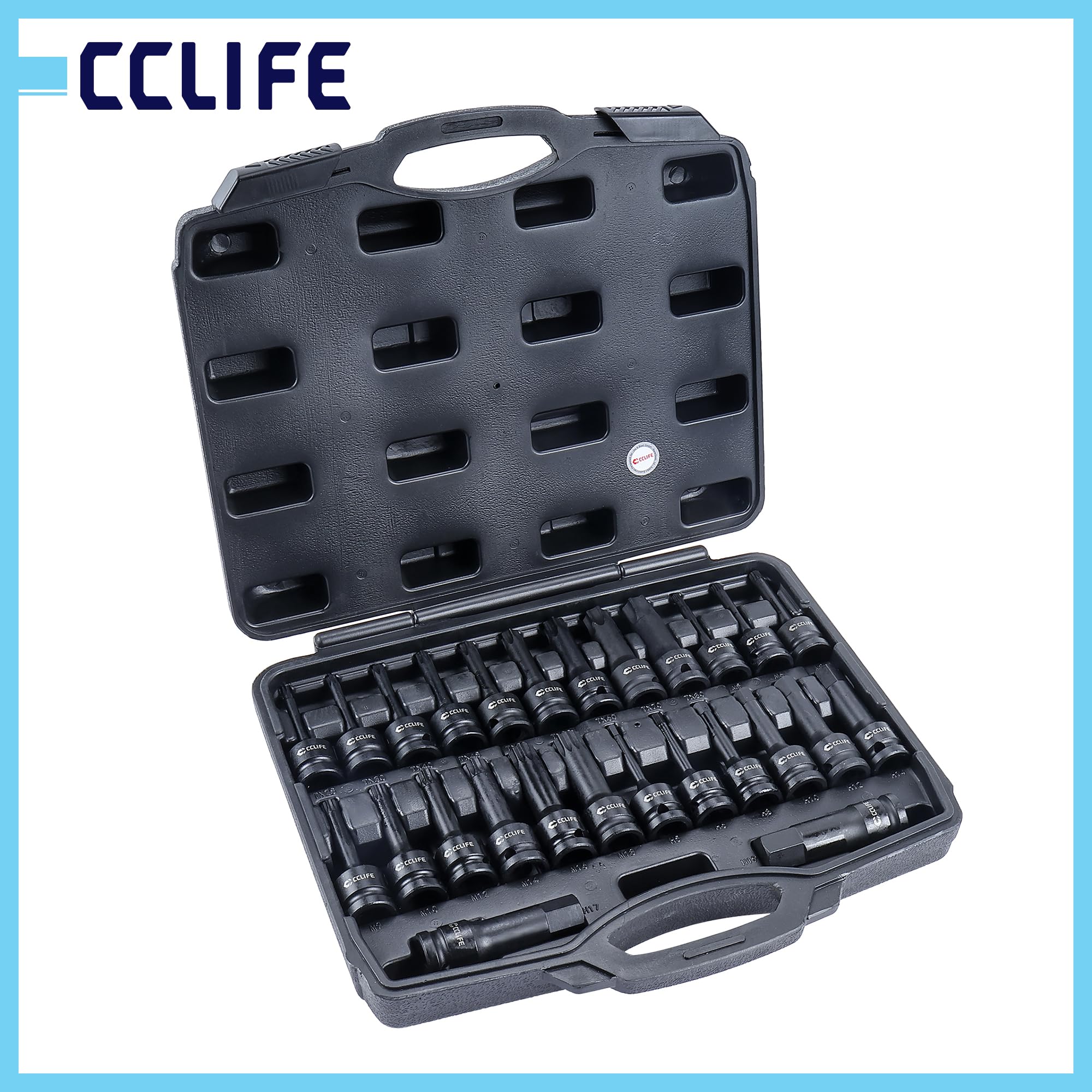 CCLIFE Wkrętarka udarowa zestaw bitów 1/2" Torx z łbem sześciokątnym Spline26-częściowy CR-MO | Zestaw kluczy nasadowych z profilami Torx, gniazdem sześciokątnym i profilami splajnowymi do pojazdów i prac warsztatowych