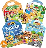 DINSUMRUG 4 Reusable Jelly Sticker Books for Toddlers 1-4 Years - Vehicles, Animals, Ocean & Farm Travel Activity Toys for Kids 3-6