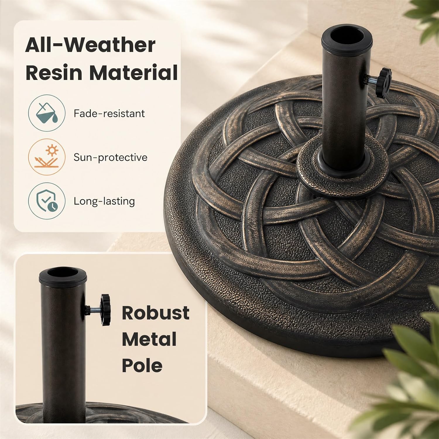  43 lbs Patio Market Umbrella Base, 21.5" Heavy Duty Outdoor Stand | Classic Round Resin Umbrella Base with Cast Iron Holder, 1.5"-1.9" Pole, for Garden, Porch, Deck, Poolside thumbnail