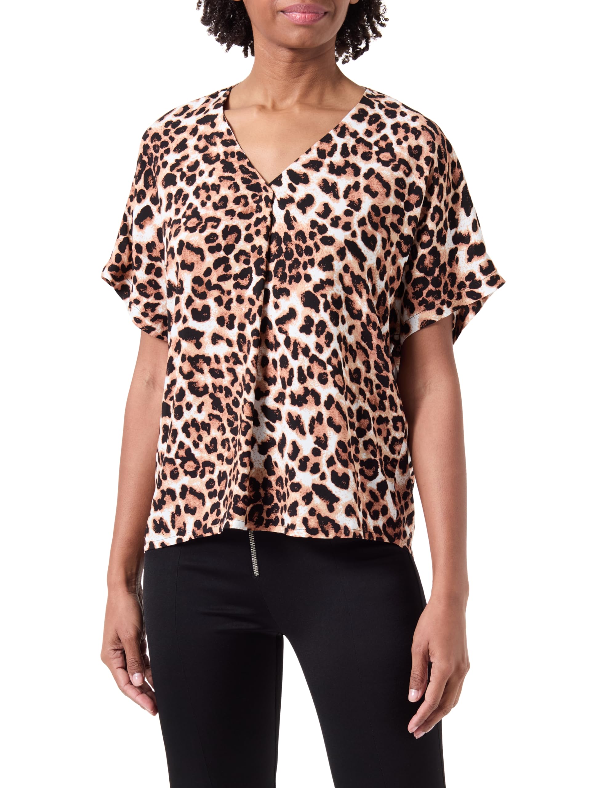 VERO MODA Women's Vmeasy Joy SS V-Neck WVN Ga Top, Tan/AOP: Leo, XS