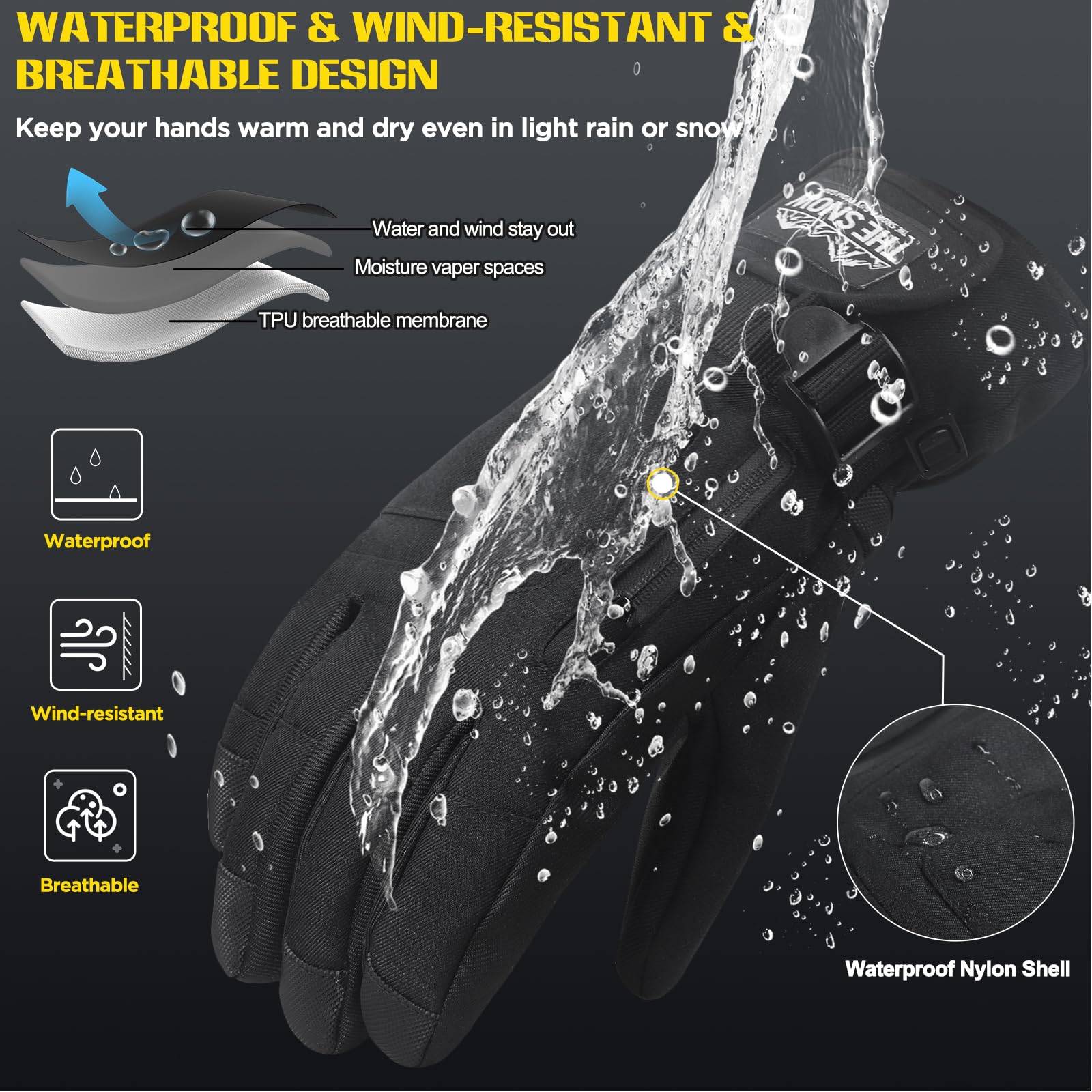 Gants de Ski, Gants Chauds d'hiver à Écran Tactile pour Homme et Femme Neige Imperméable Vent Respirant Antidérapant Poignet Réglable pour Ski Snowboard Cyclisme Moto Randonnée