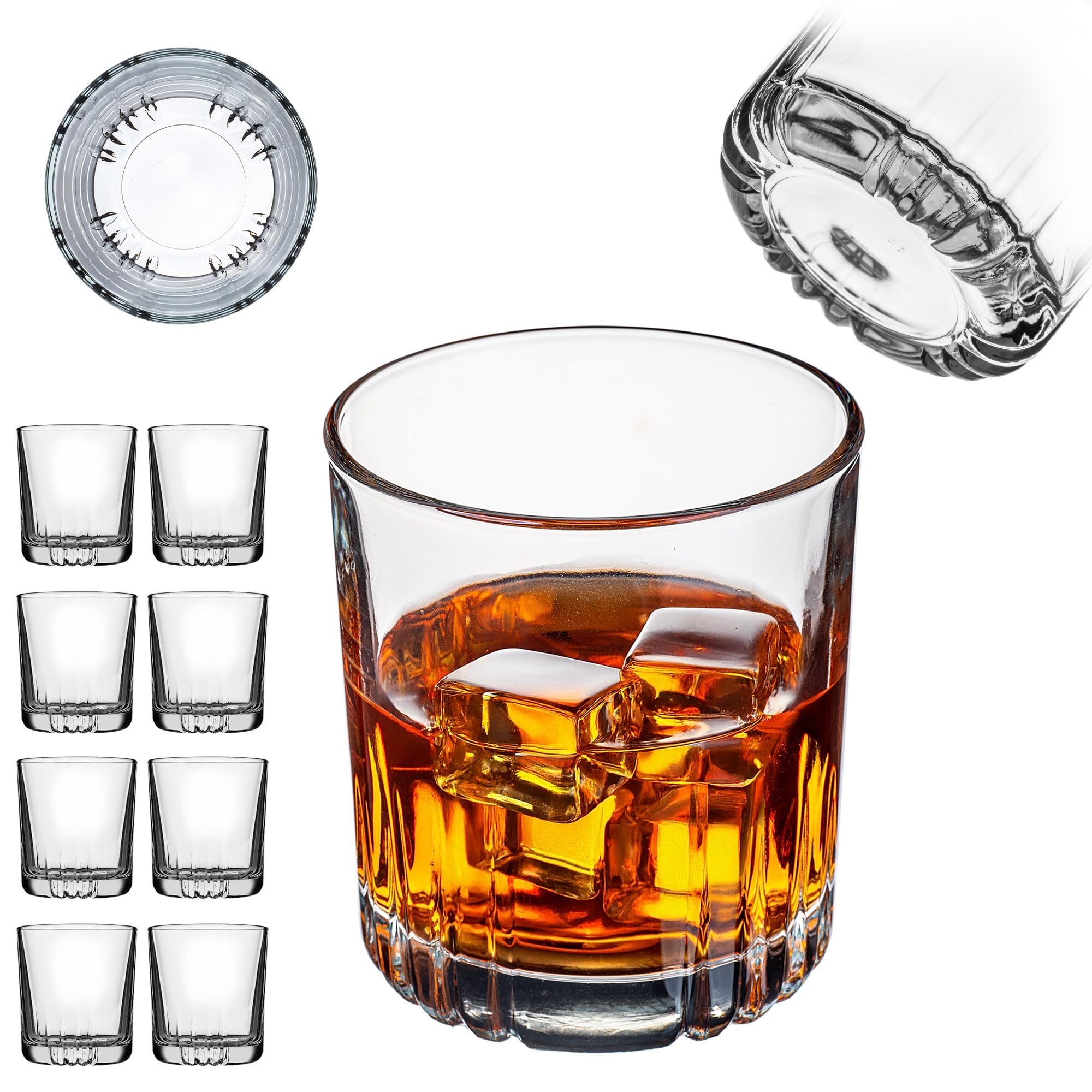 KADAX Vasos de whisky de 280 ml, juego de 8 vasos para zumo, agua, whisky, bourbon, whisky y cócteles, elegantes vasos con fondo pesado, vasos de agua de cristal