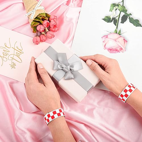 Miniatura 6 de 600 pulseras de papel a cuadros rojos para eventos, pulseras de papel impermeables de neón, bandas de mano de identificación adhesivas para