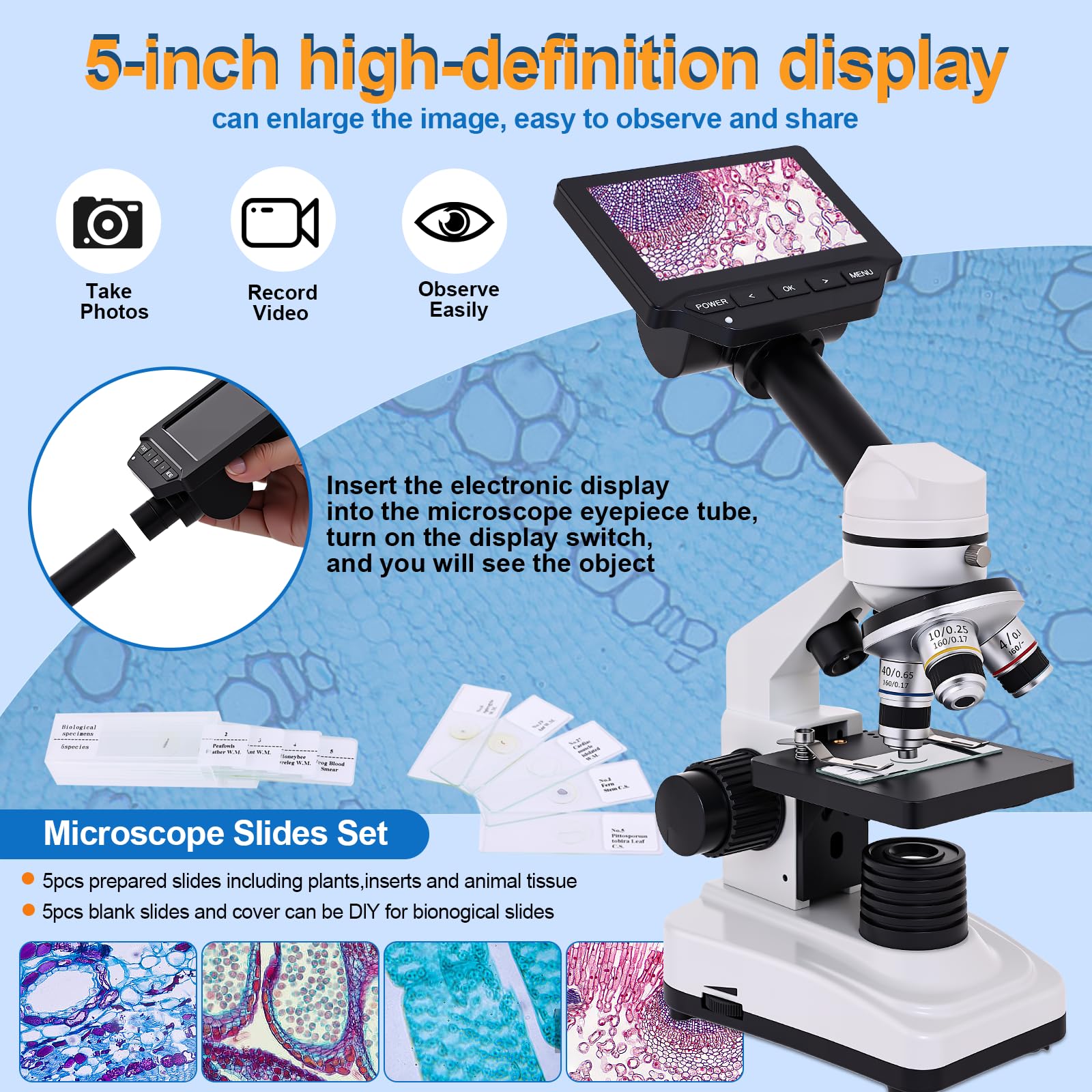 Microscopio para adultos y niños, microscopio de alta potencia 40X-2500X con pantalla de 5 pulgadas, para laboratorio escolar y escuela en casa, equipado con juego de diapositivas y soporte para