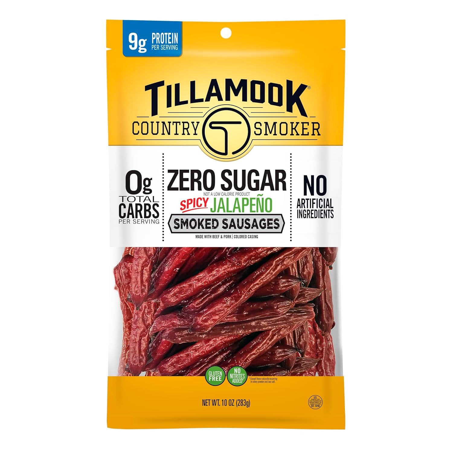 Tillamook Country Smoker Keto Zero Sugar Spicy Jalapeño Smoked Sausages 10oz - High Protein Snack Sticks