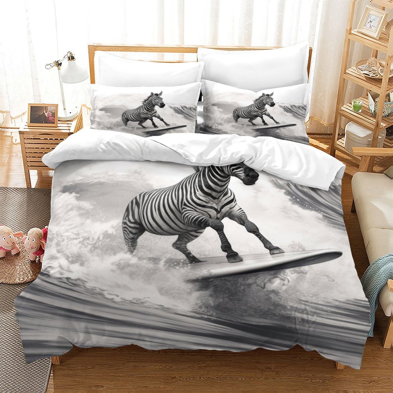 P1S9U7W5Y 3D Printed Zebra Animal Pattern 3 Piece Duvet Cover Set Microfiber for Adults Bedroom Decor Animal Bedding Set Double（200x200cm）