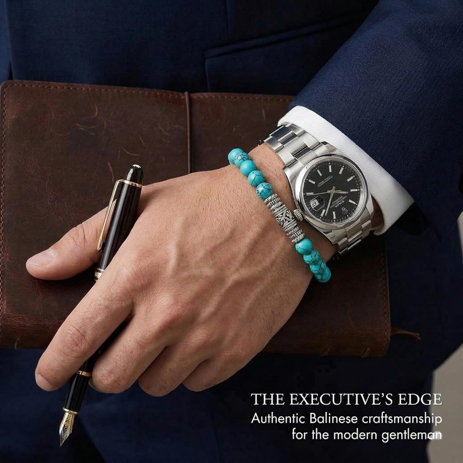 Kartini Studio Turquoise Bracelet, Turquoise and Sterling Silver Beads Bracelet, Men's Bracelet