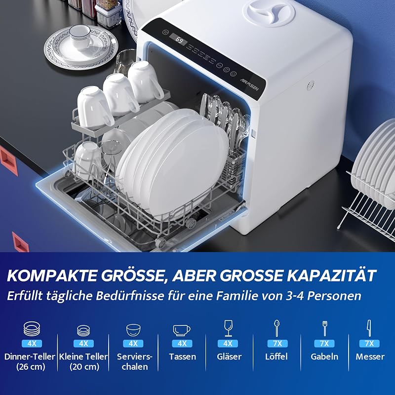 AIRMSEN Asztali Mosogatógép 5+1 Program LED Kijelző Fehér-Fekete