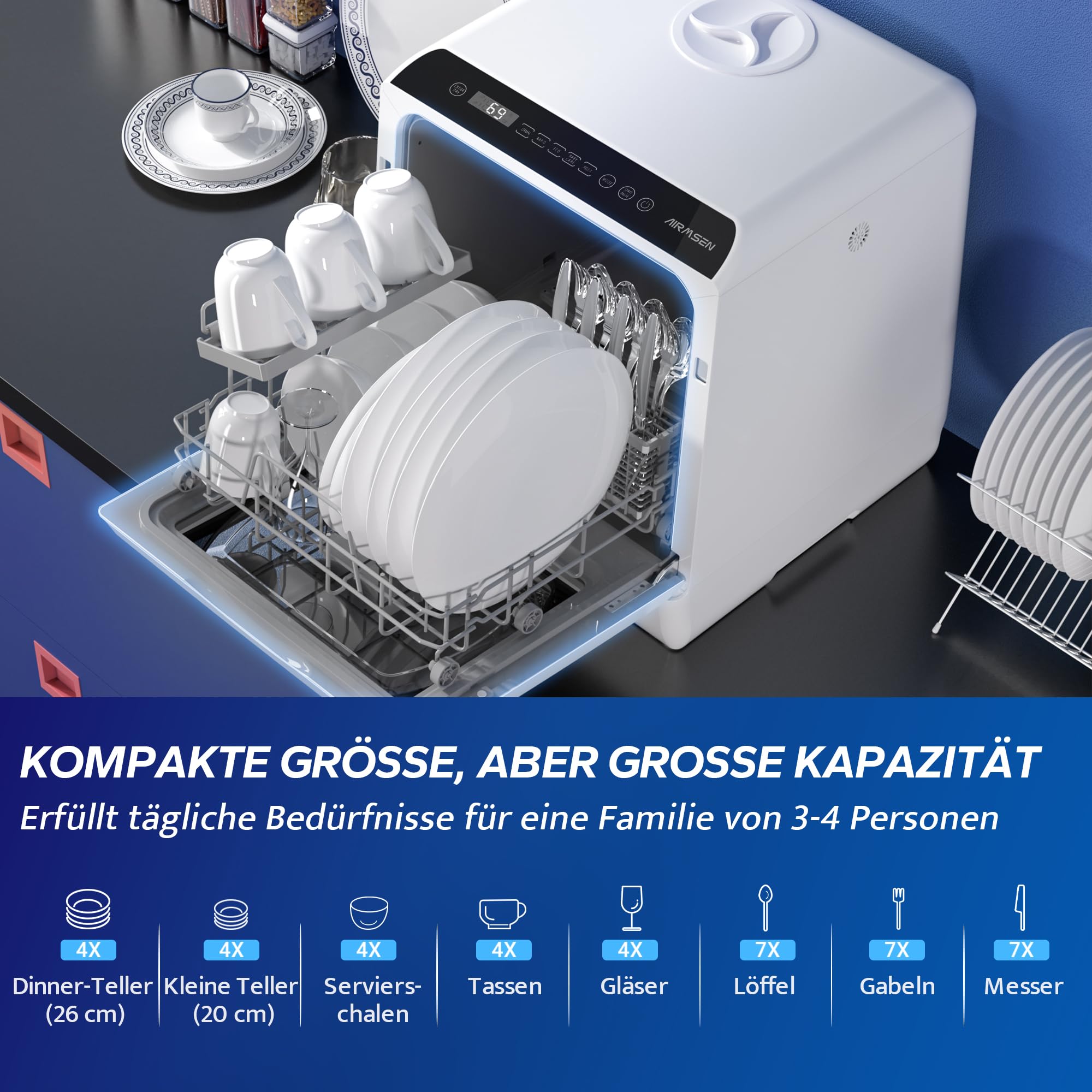 AIRMSEN Tischgeschirrspüler Mini Geschirrspüler 5+1 Programme 5L Wassertank 2 Wege Wasserversorgung Touch Control LED-Display Weiß Schwarz