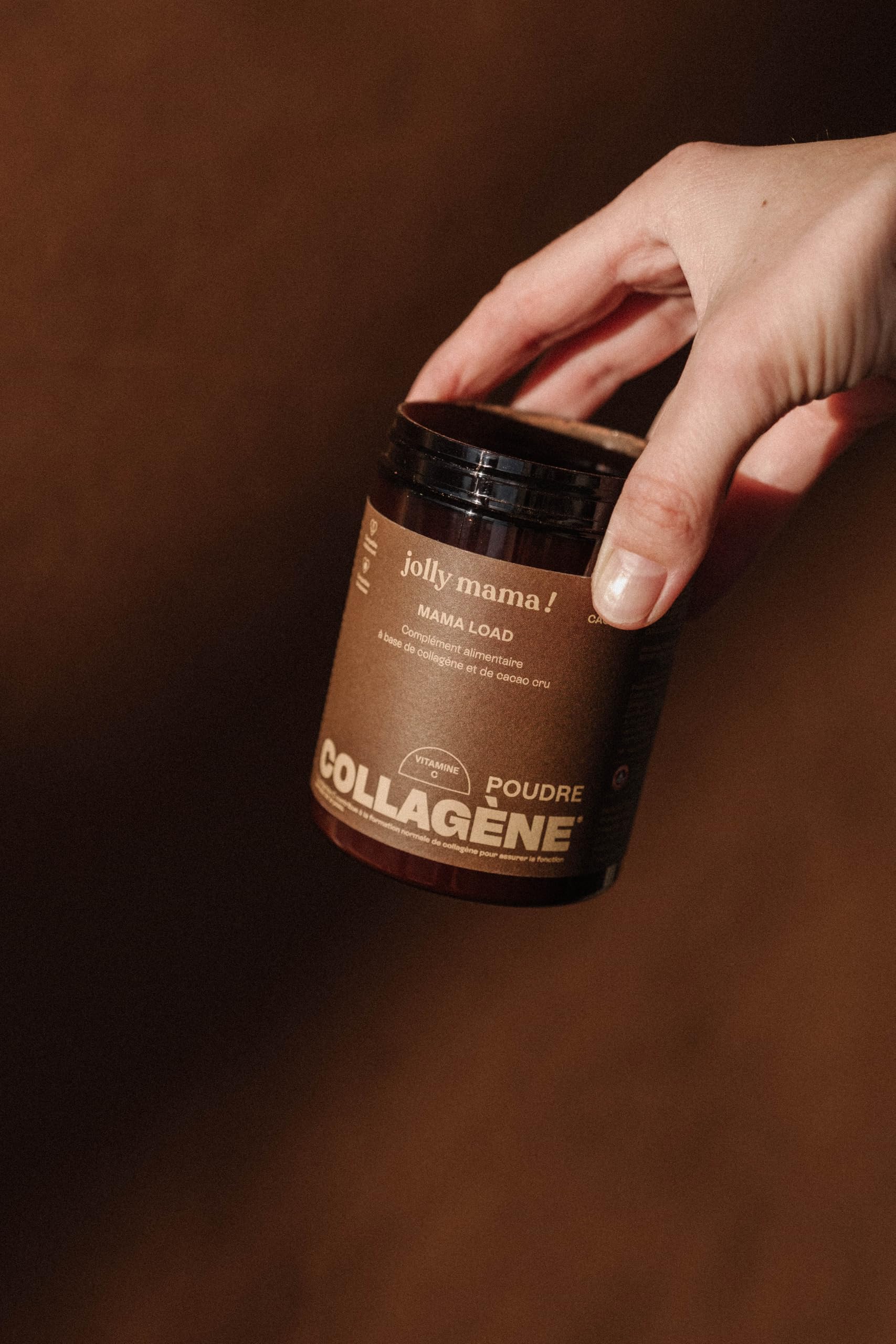 Jolly mama! Mama Load | Poudre à Boire, Collagène Marin au Cacao | Enrichi en Vitamine C | Peau & Cartilage | Sans Gluten | Compatible Grossesse & Allaitement | Fabriqué en France | Pot 112g