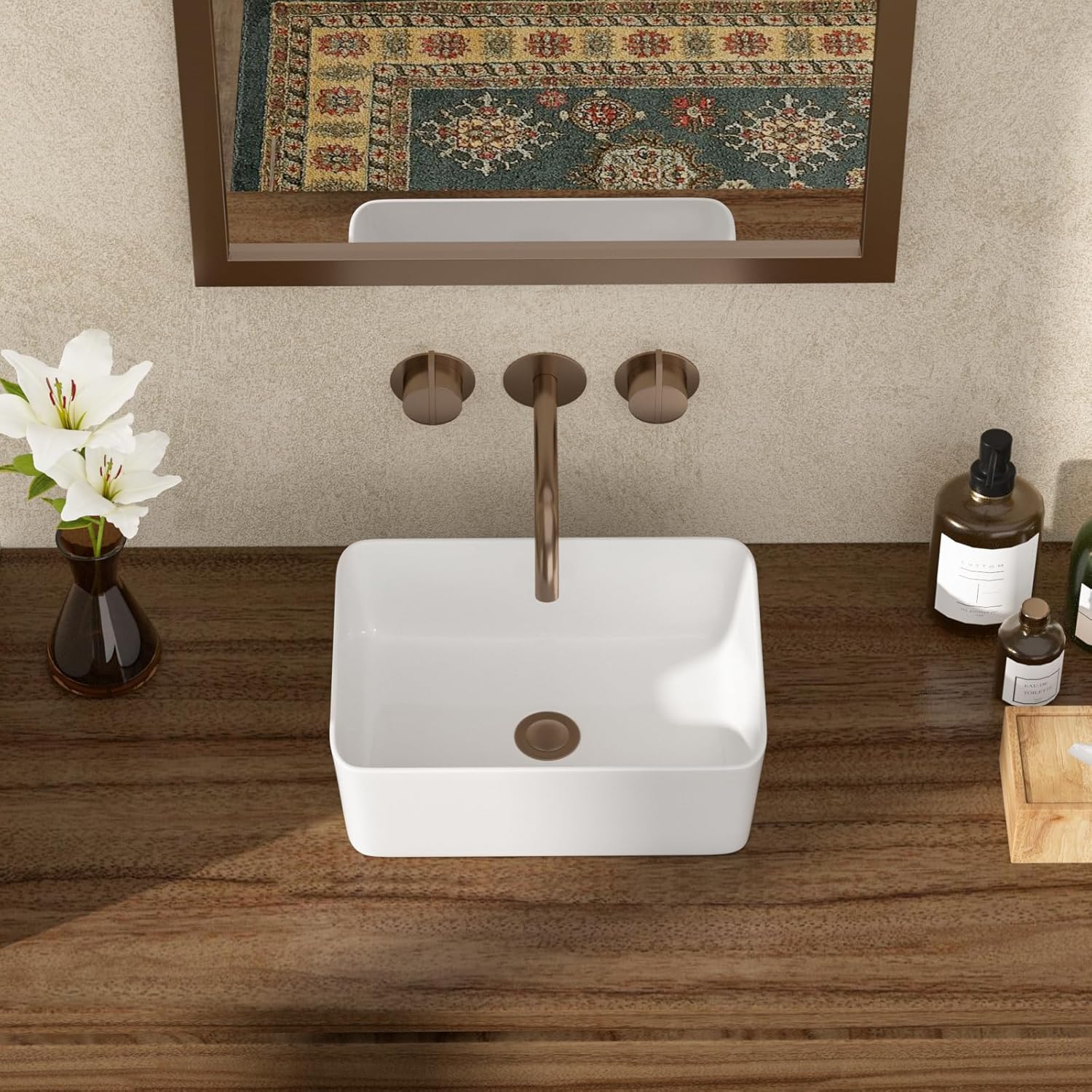 16 Inch Rectangle Vessel Bathroom Sink 16"x12" Small White Ceramic Bathroom Sinks Above Counter Porcelain Hand Basin for Lavatory Room Rectangular Vanity Top Sink, CYC1612