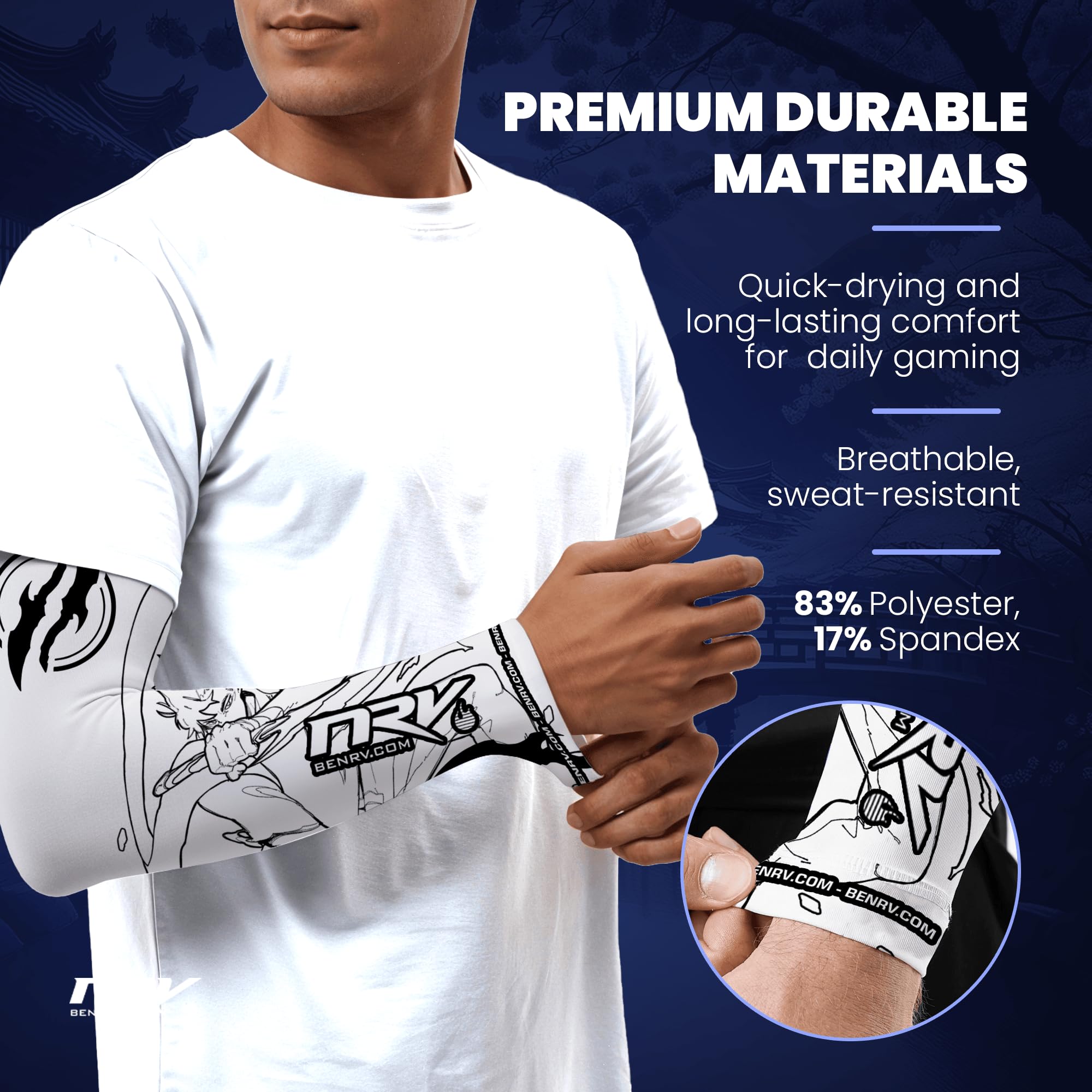 NRV Manchette Gaming eSport MasterPiece – Compression Confort & Contrôle – Anti-Friction – Inspiration Manga – Blanc & Noir – Taille S à 3XL