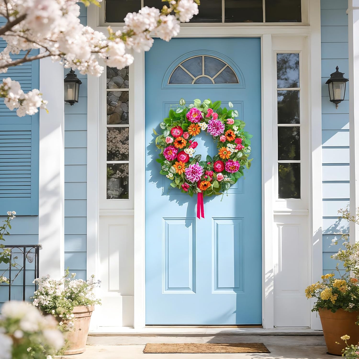 Spring Summer Wreaths for Front Door 24 Inch with Dahlia, Peony & Daisy Spring Wreaths for Front Door Outside Summer Door Wreath for Entryway, Porch & Home Décor Outdoor Summer Wreath