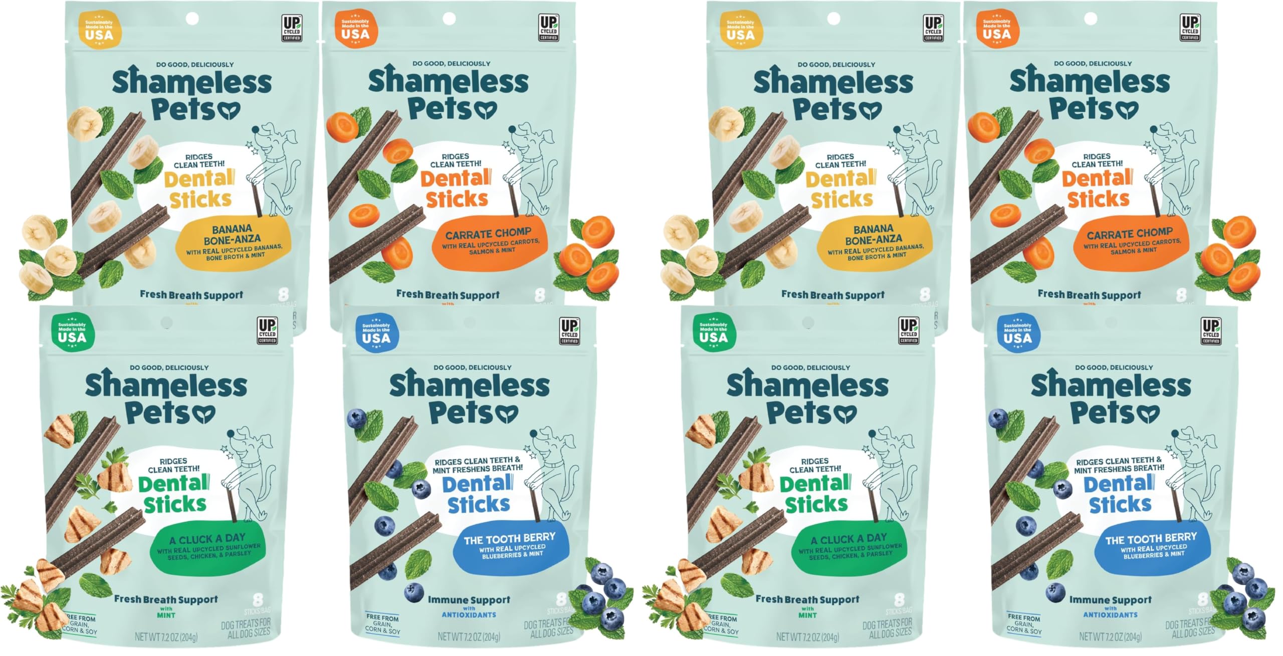 Shameless Pets Dental Chews for Dogs, Variety (8-Pack) - Natural Dog Teeth Cleaning Treats with Fresh Breath Benefits | Grain-Free Dental Sticks for Small, Medium &amp; Large Dogs