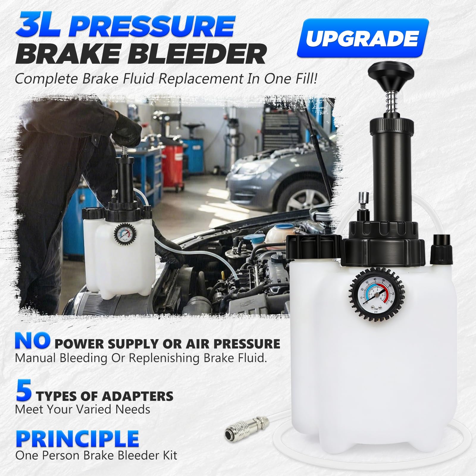 BELEY 3L+1L Kit de Purga de Frenos Manual con 5 adaptadores | Para Cambiar el Líquido de Frenos, Manómetro integrado, Apto para Modelos de Toyota, Renault, Volkswagen, Peugeot, etc