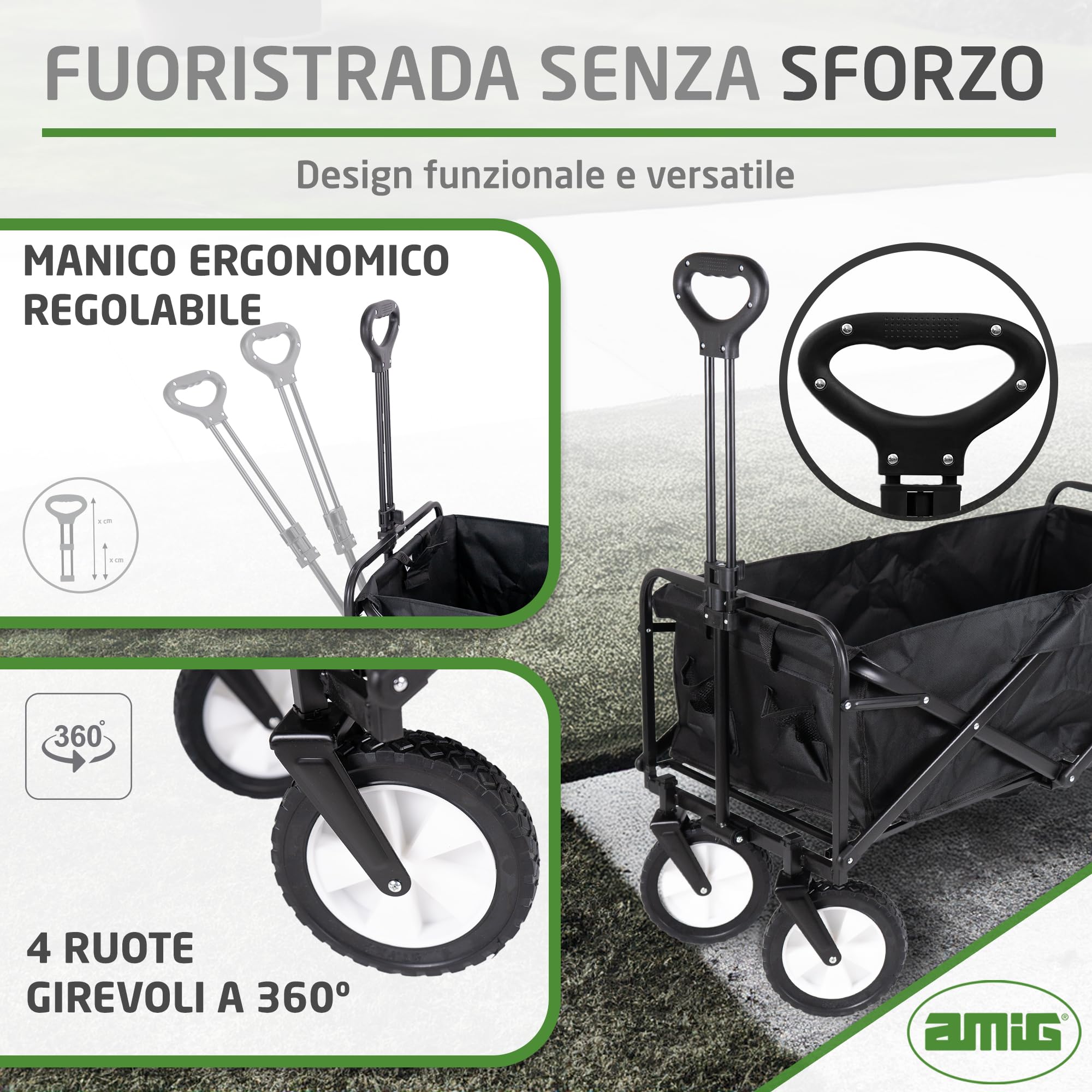 Amig - Carrello da Giardino Pieghevole Carrello da Spiaggia con Tessuto Oxford Impermeabile Colore Nero Ruote da 20 cm di diametro 360º Carico max 100 kg