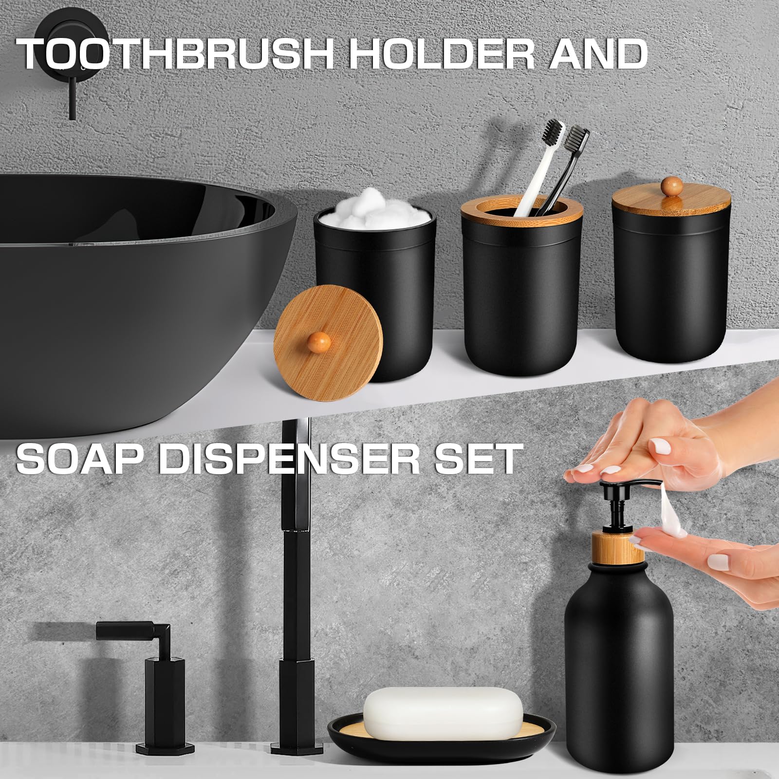 Juego de accesorios de baño negros de 5 piezas, accesorios de baño negro mate, dispensador de jabón de plástico y soporte para cepillos de dientes, jabonera, tarro de hisopo de algodón, juego de baño