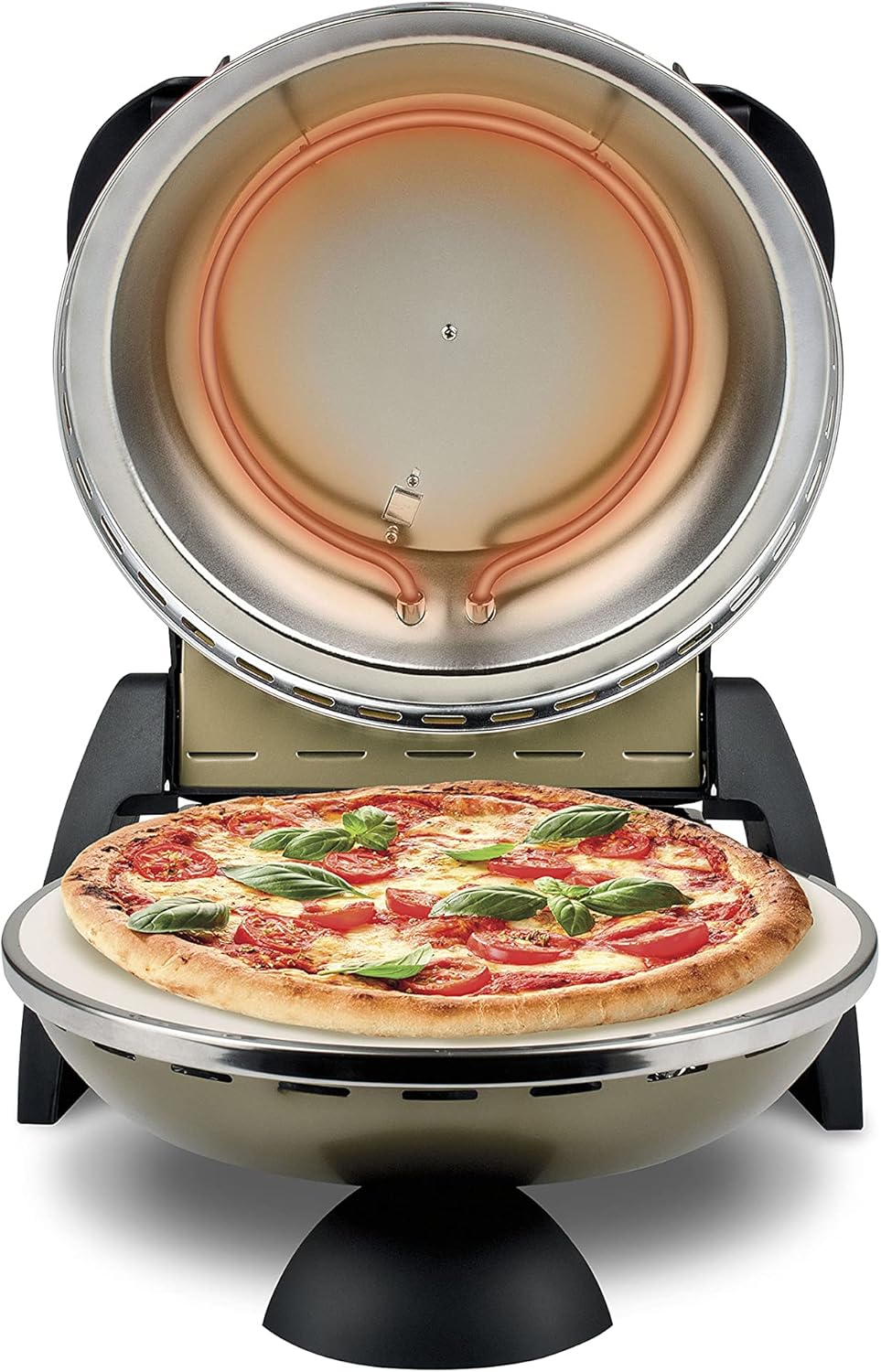 G3 Ferrari G10006 Pizza Express Delizia, Forno Pizza, 1200 W, Termostato regolabile 400°C, Pizza fragrante in 5 minuti, Doppia resistenza riscaldante, Ricettario e Palette inclusi, Oro Antico - Immagine 5