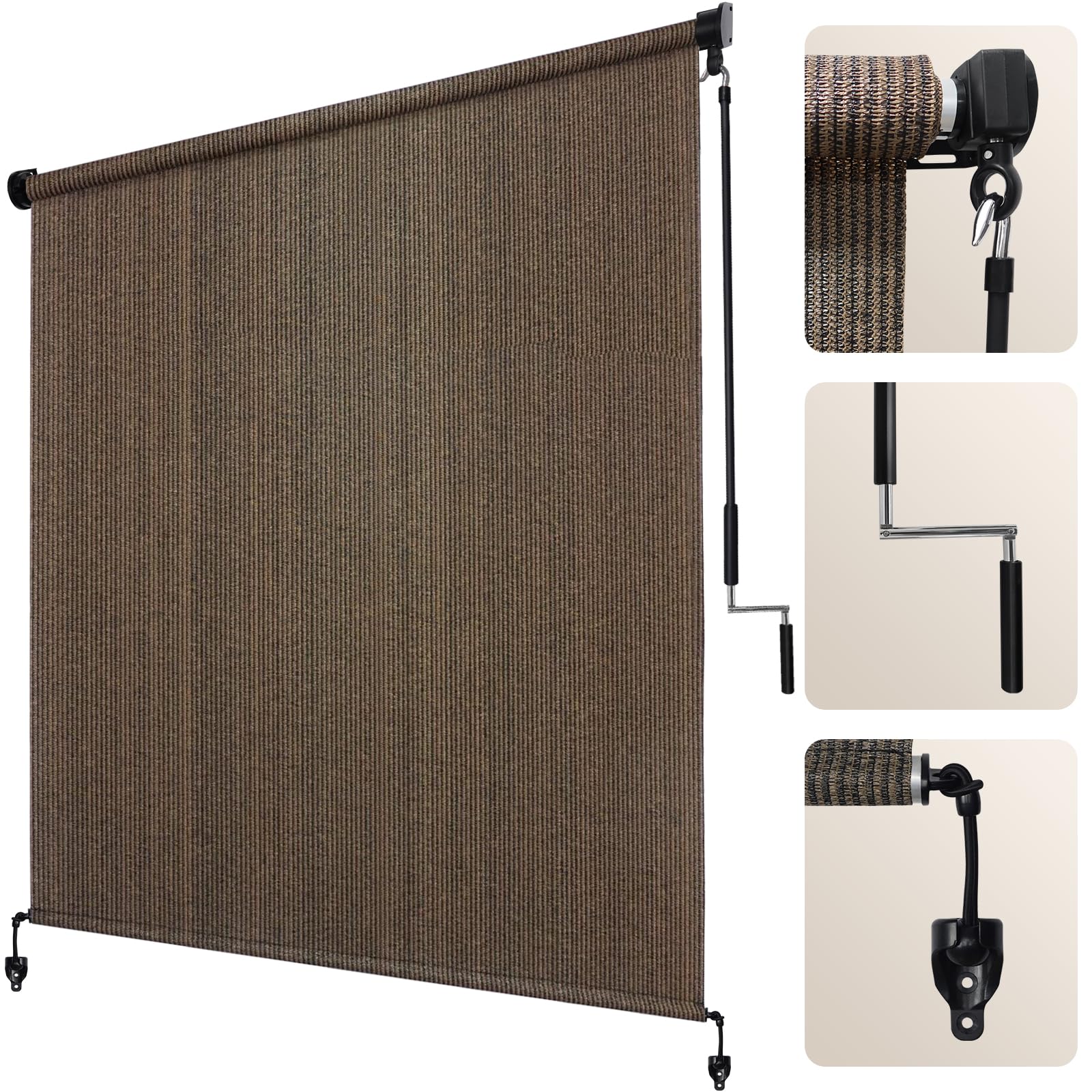 Artpuch Outdoor Roller Shade 11' W x 8' H, Mocha Exterior Cordless Patio Shades Roll Up Blinds with Spliced Pole Design, One-Piece Fabric