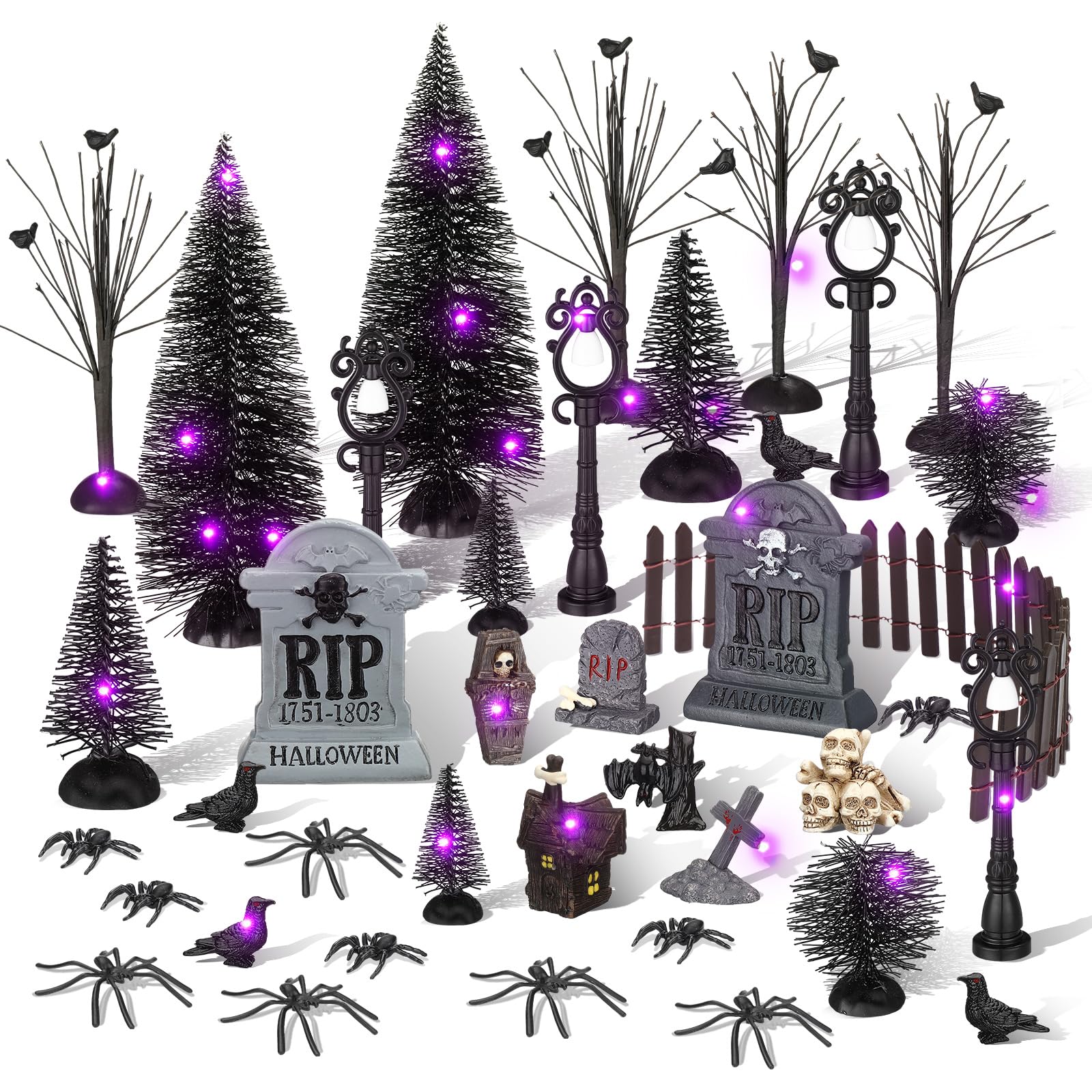Zeyune Halloween-Dorf-Zubehör-Set, nackte Zweige, Flaschenbürste, Bäume, Halloween-Nacht-Straßenlampen, Figuren-Set mit LED-Lichterkette für Party-Dekoration (Skelett, 33 Stück)