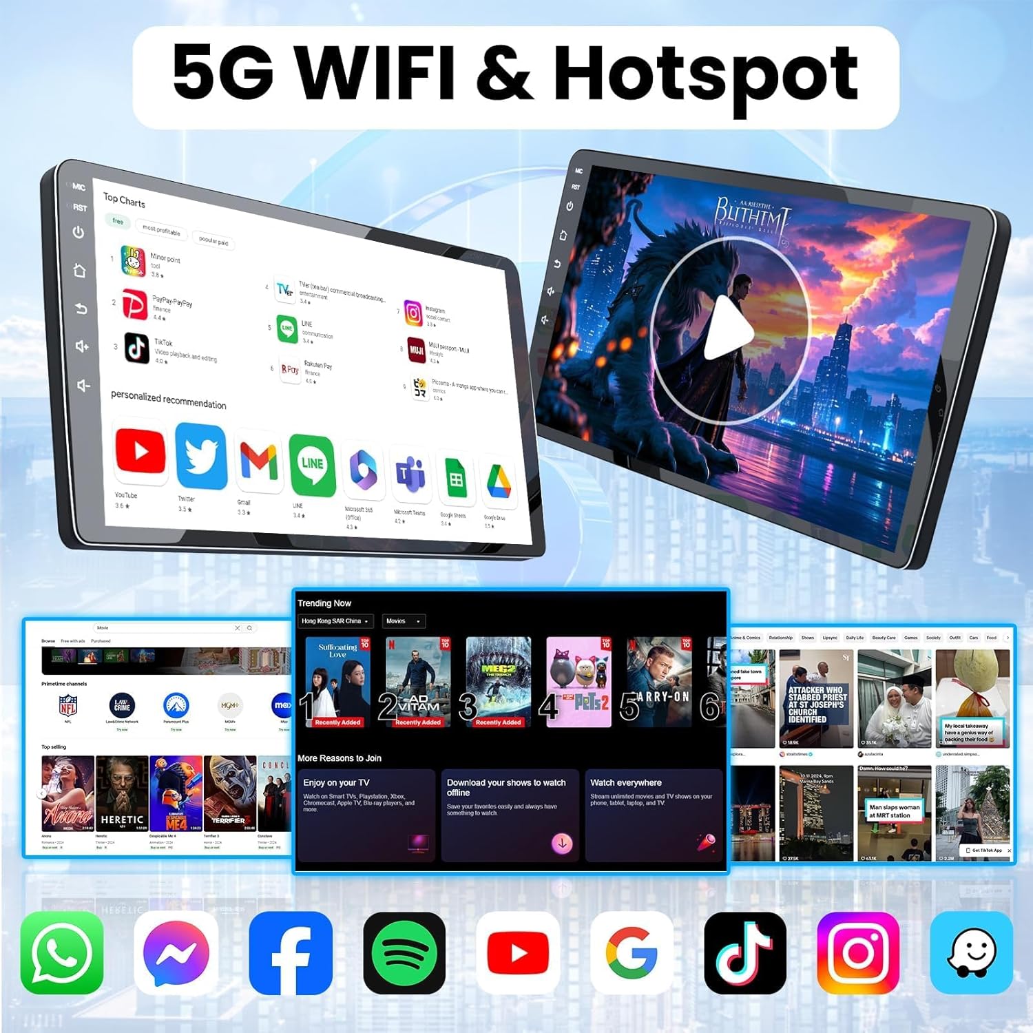 Image illustrating 5G WiFi and Hotspot capabilities, showing the car radio displaying various streaming apps and a car driving on a digital road, emphasizing fast network speed.