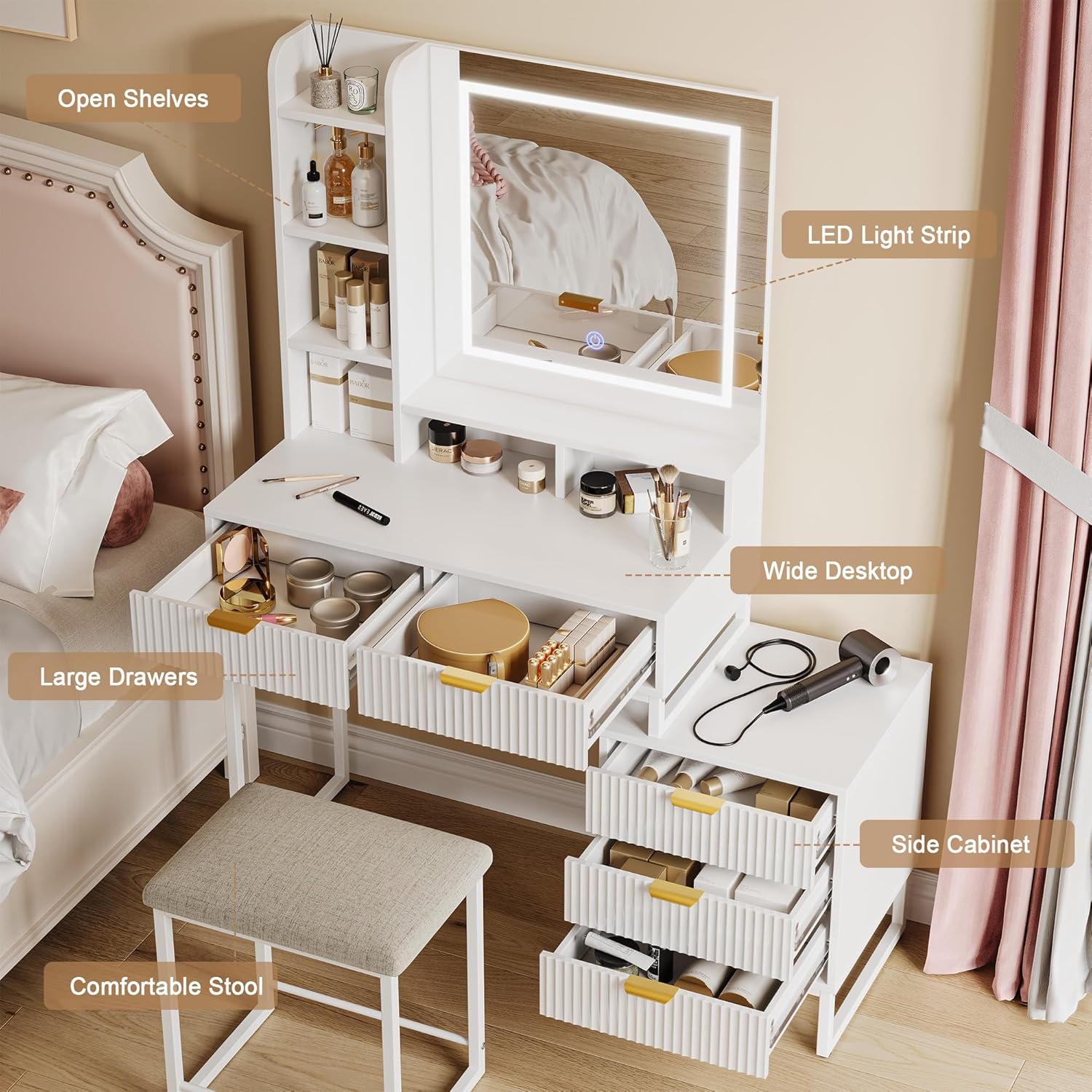 Make Up Vanity Set, Modern Make Up Table with Lighted Mirror, Side Storage Cabinet, White Vanity Desk and Stool, Small Vanity Table with Storage Shelves, Drawers for Bedroom