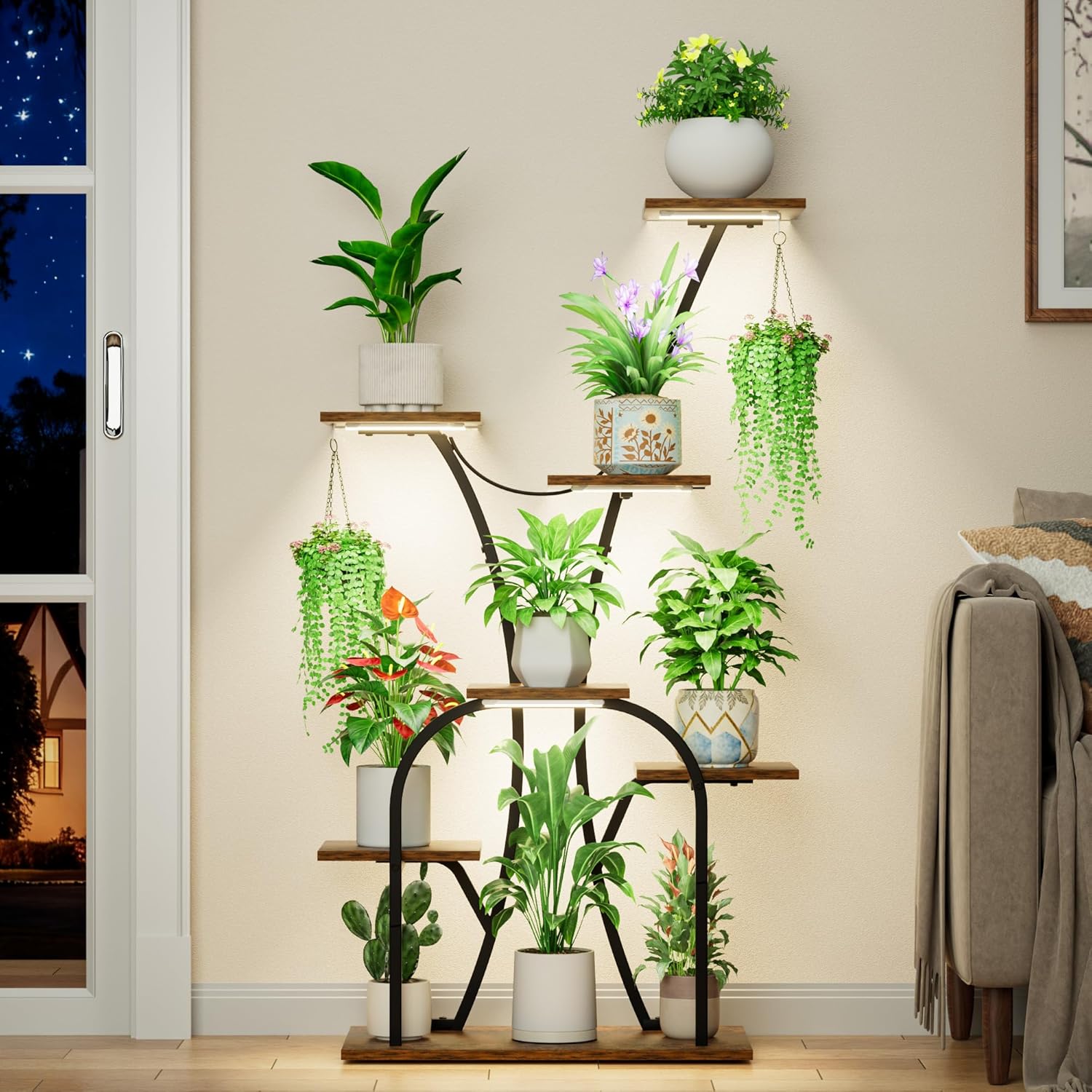 Plant Stand Indoor with Grow Lights, 7 Tiered Plant Shelf Indoor, 50'' Corner Plant Stands for Indoor Plants, Metal Plant Display Shelves Lighted Flower Holder, Plant Rack for Living Room, Black