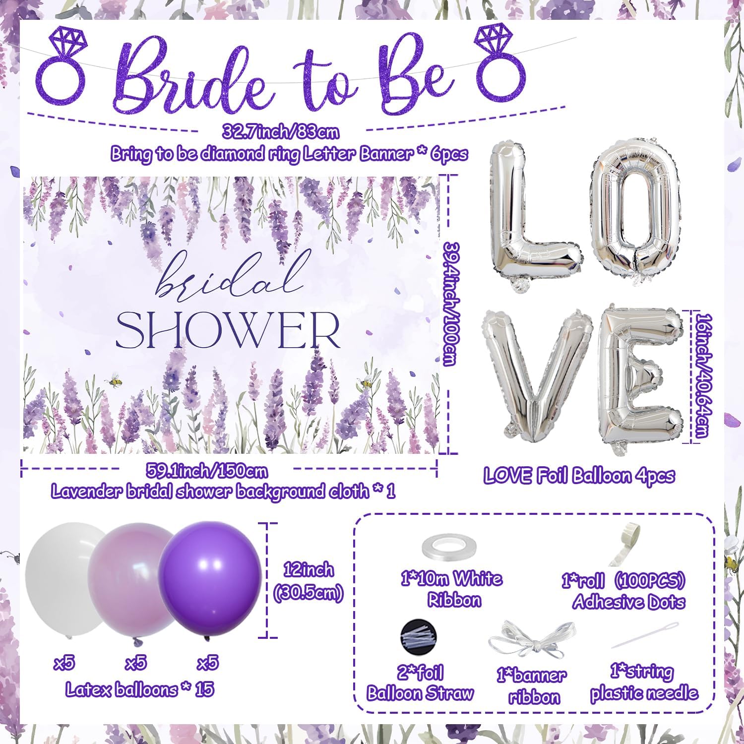 Lavender Bridal Shower Decorations Purple Floral Bride to Be Decor Lavender Backdrop Glitter Bride to Be Banner Latex Balloon for Lavender Purple Bridal Shower Bachorlette Party Wedding Decor Supplies