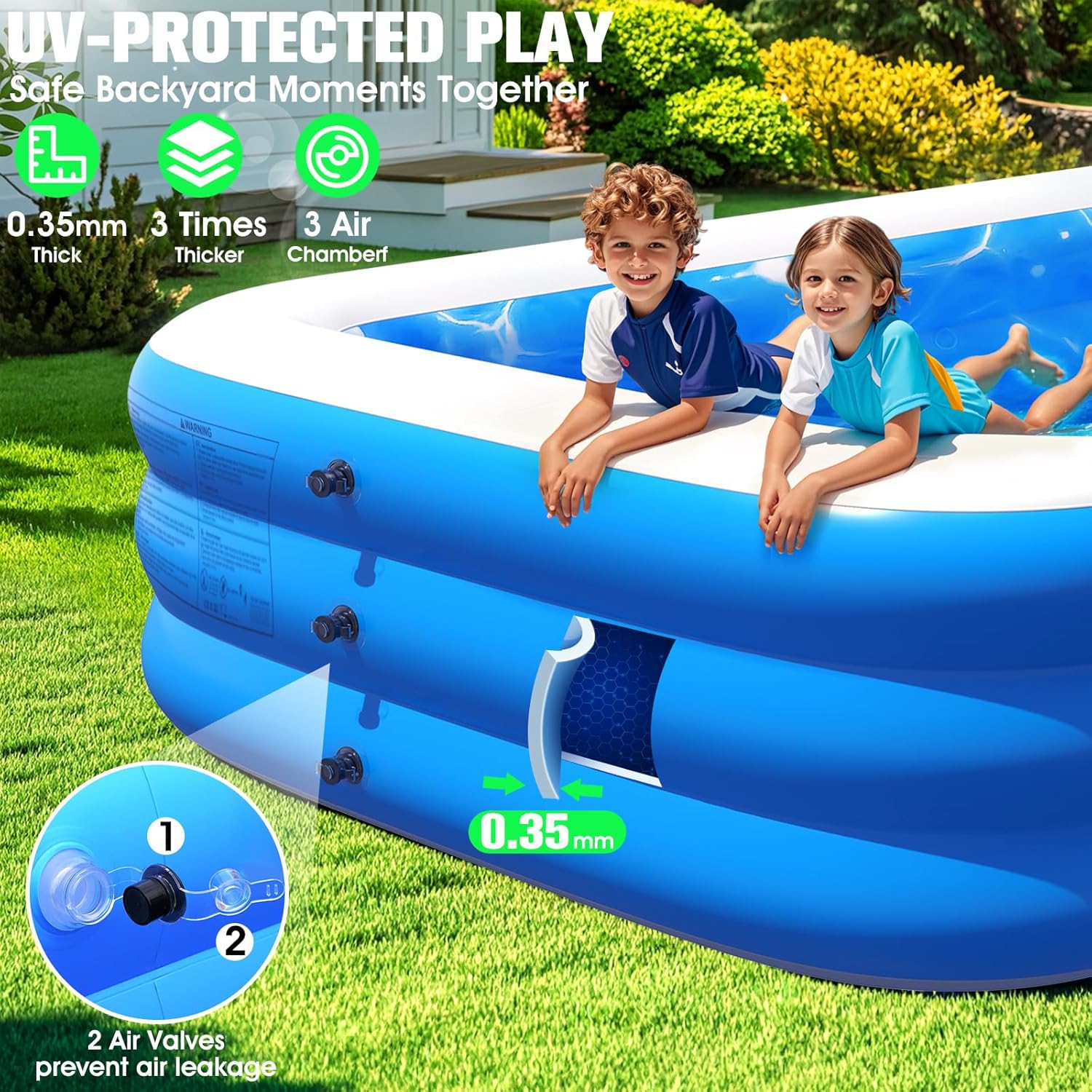 Inflatable Pool with Pool Lights and Seat, Durable Thickened Large Size Family Inflatable Pools for Adults Blow Up Pools,110" x 63" x 20"Swimming Inflatable Kids PooI for Backyard,Outdoor (White)