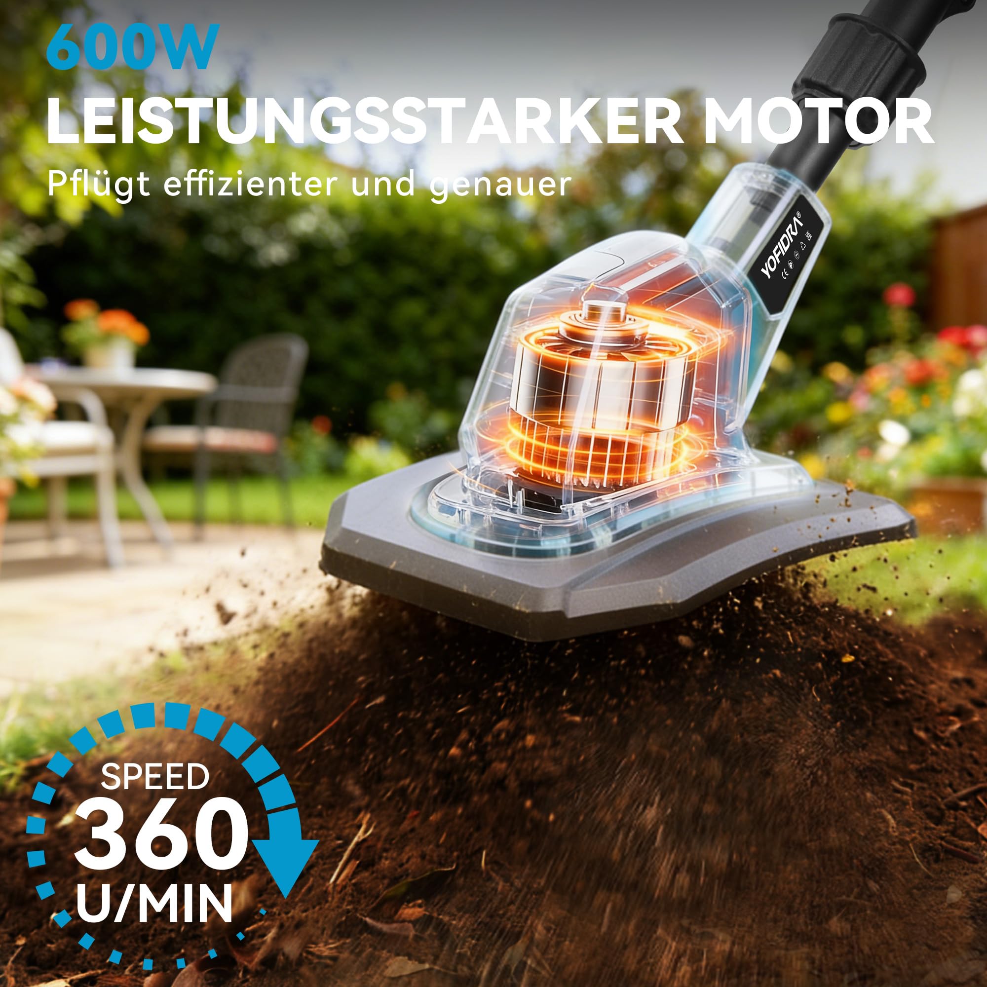 Yofidra Akku-Bodenhacke Gartenfräse - 600W Motorhacke mit 23cm Arbeitsbreite, 17cm Arbeitstiefe, LED-Anzeige, 2x2.0Ah Akku, 4x12 Zähne Bodenfräse für Bodenbearbeitung, Elektro-Tiller für Garten