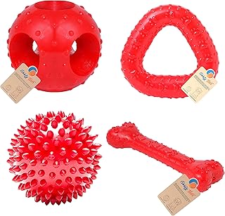 Goofy Tails 4 Rubber Chew Toy Combo for Dogs, Flavoured Bone, Hole Ball, Spike Ball and Trio Ring for Dog