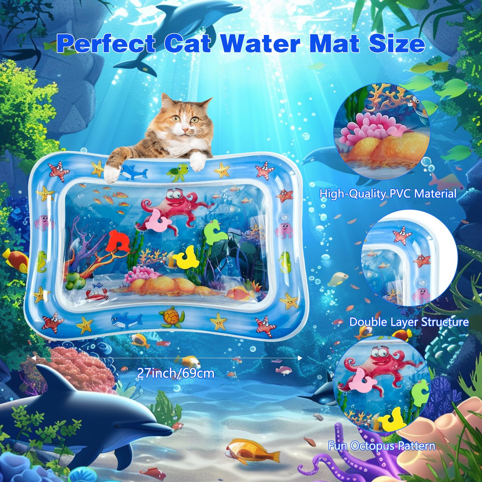 Tapis Eau Chat Tapis Jeu Chats Gonflable sur Le Thème de L'océan Été Tapi d'eau Sensoriel Interactif Anti-Rayures pour Chaton Chiens Animaux Intérieur et Extérieur
