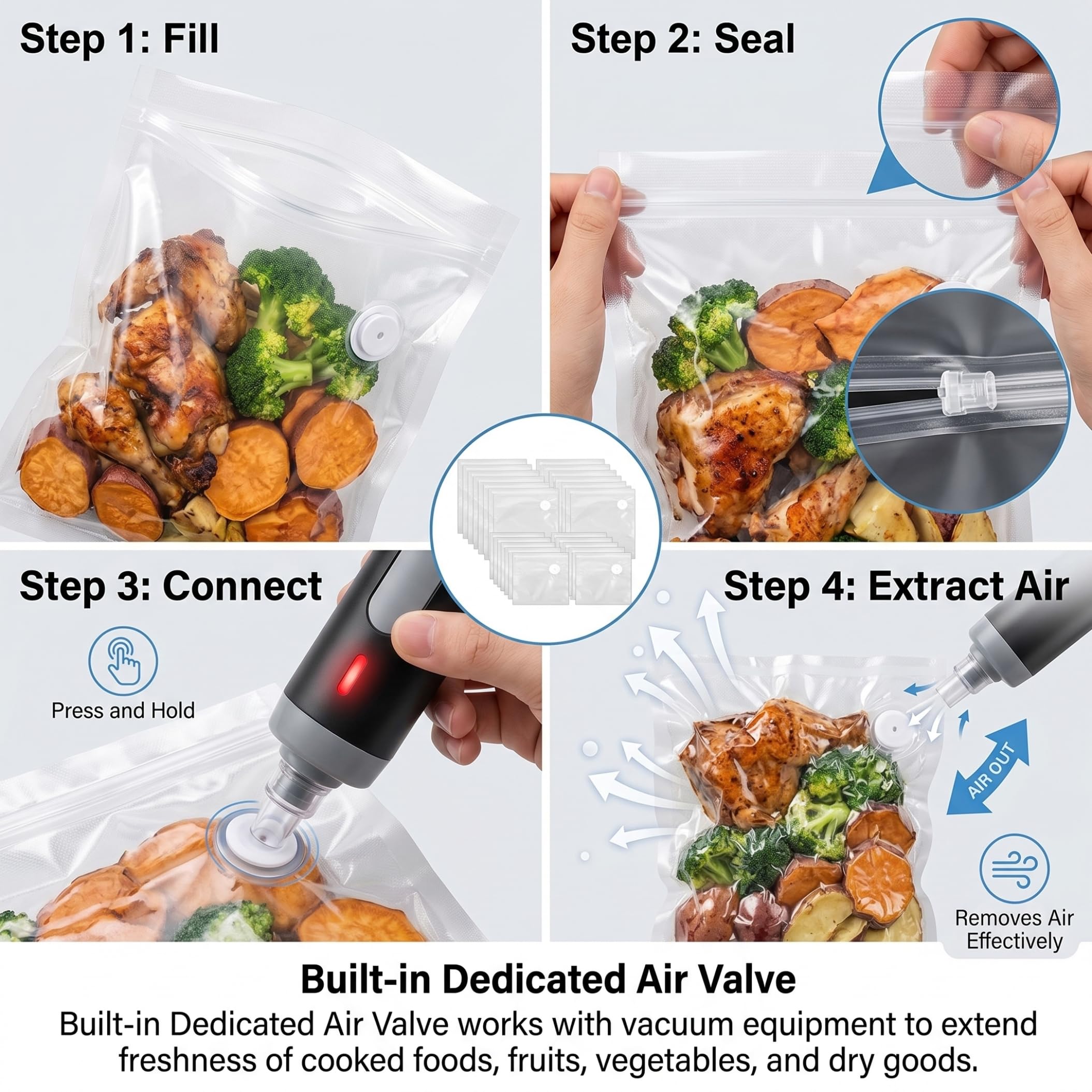 Bolsas selladoras al vacío para alimentos, paquete de 40 bolsas selladoras al vacío para alimentos, reutilizables de grado grueso con válvula de aire, blancas (20 pequeñas de 8, 27 x 8, 66 pulgadas