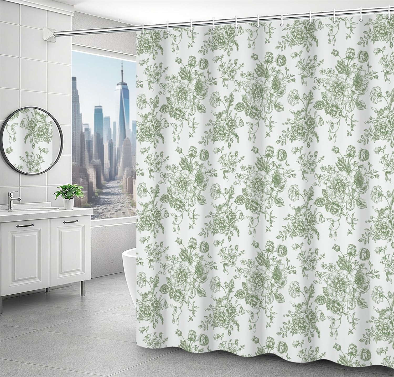Watercolor Floral Shower Curtain, Sage Green Flower Modern Minimalist Waterproof Fabric Bath Curtain for Bathroom with Hooks, 70x96 Inch