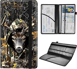 Car Registration and Insurance Card Holder, PU Leather Driver Vehicle License Document Glove Box Compartment Organizer, Camo Deer Automobile Accessories Car Document Holder Wallet
