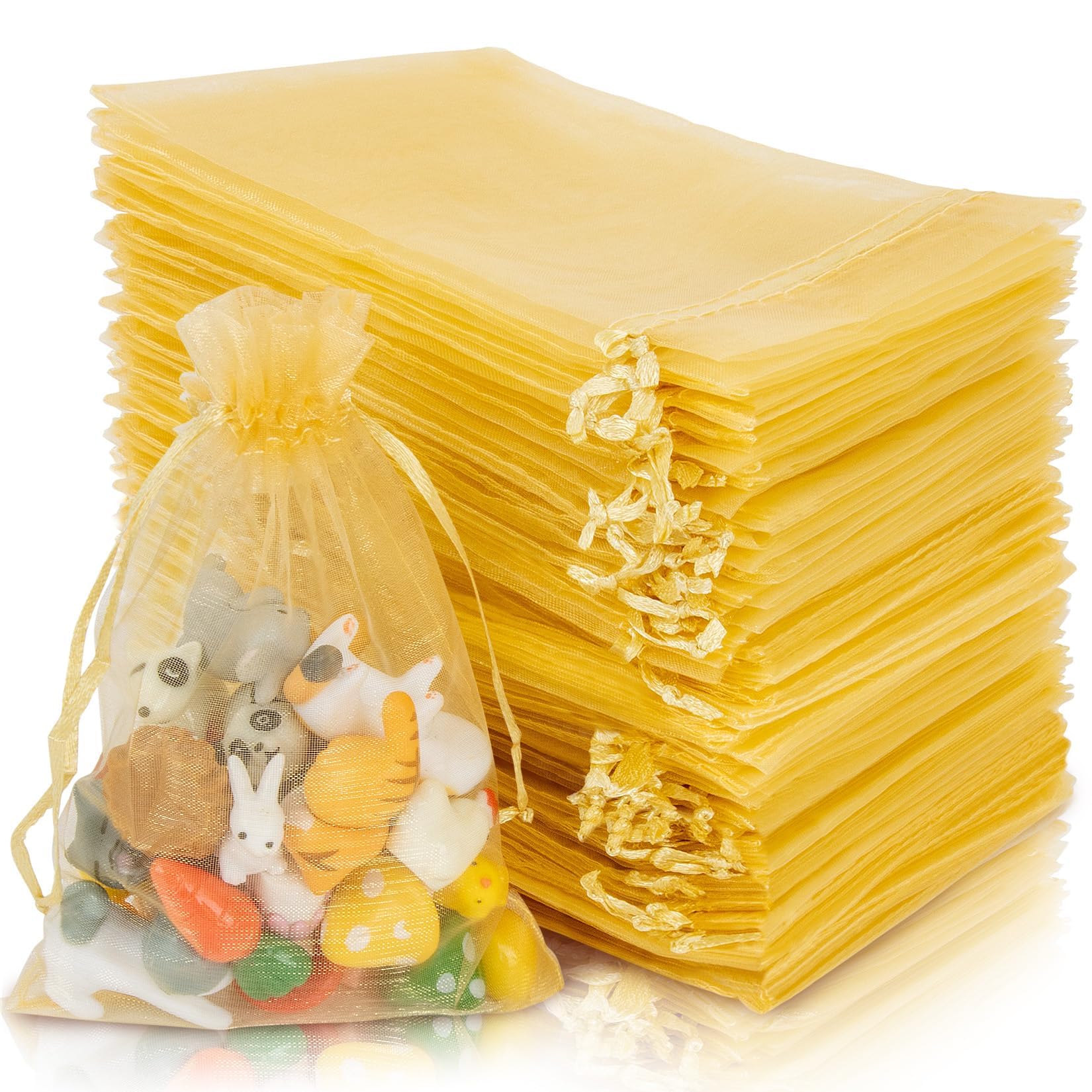 Sukh Gold Organza Bags 4"x6" - 100PCS Small Mesh Drawstring Gift Bags