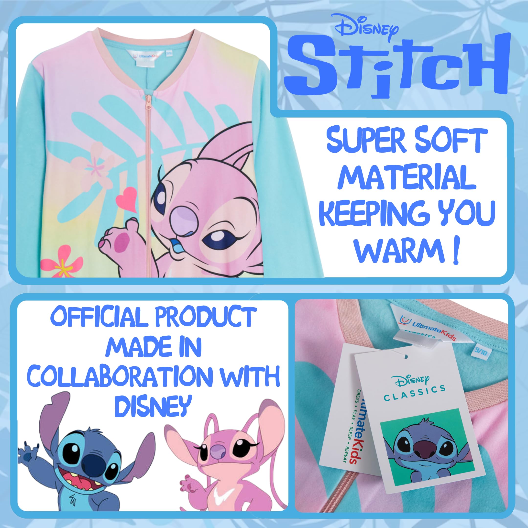 Disney Pijama de Stitch y Angel para Niños Todo en Uno Pijamas Para Niñas Forro Polar Ropa de Dormir, azul, 7-8 años
