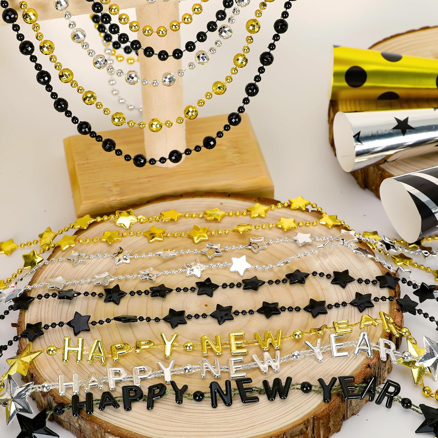 New Years Necklace Accessories, 100PCS New Years Eve Bead Necklaces Party Supplies 2026, 12 Kinds HAPPY NEW YEAR Star Necklace Bulk, Black Gold Silver Bead Necklace 2026 for New Year Decorations