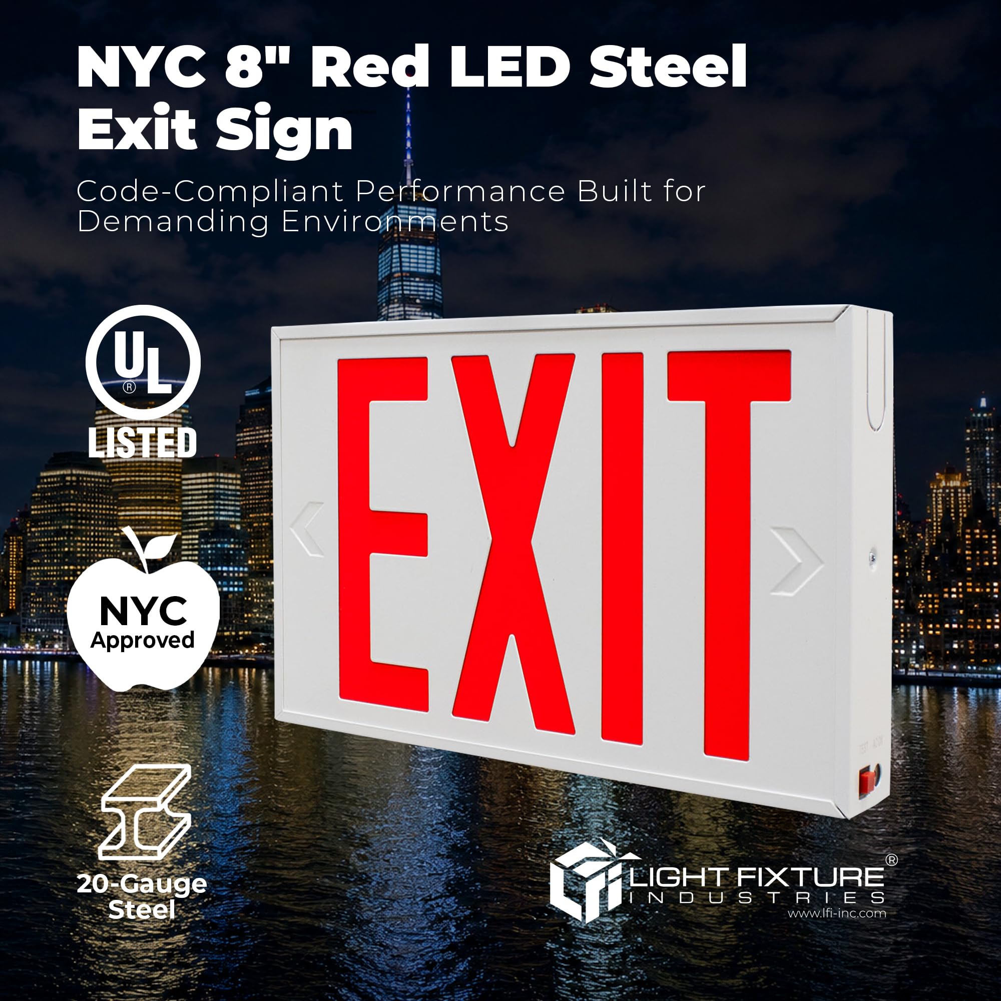 LFI Lights | NYC Approved Red Exit Sign | White Steel Housing