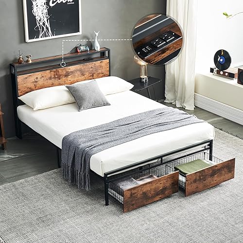 Miniatura 12 de Base de cama tamaño King con estación de carga, marco de cama de plataforma con cabecera de almacenamiento, fácil montaje, no necesita somier