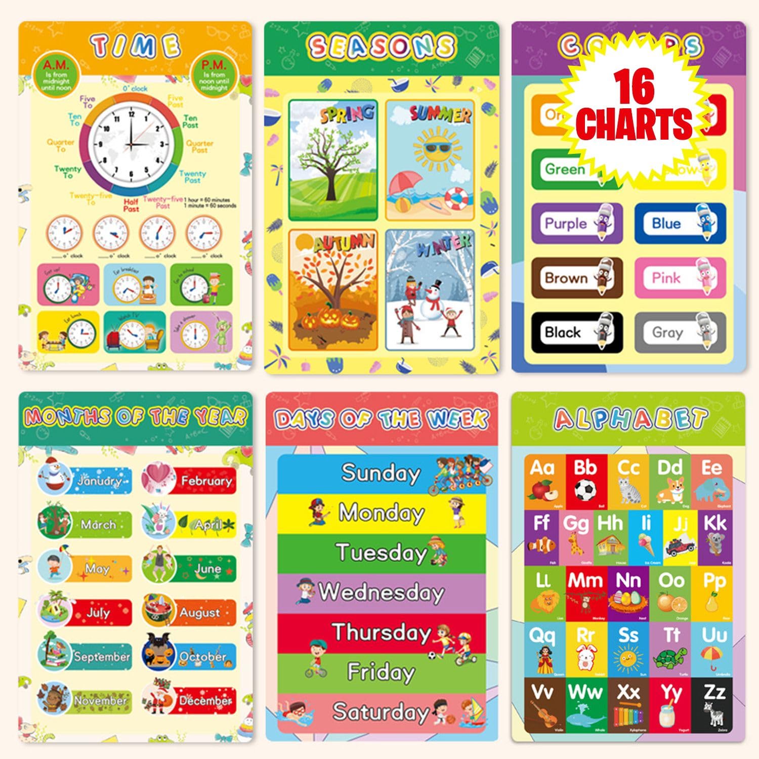 Home Smart Educational Posters for Kid's 16 PCs Learning Charts Alphabet Shapes Colors Days and Number for Learning Activity 16 Charts Included